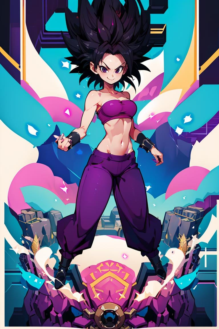 <lora:Harada_Takehito_Background_Dim32:0.8>, ((masterpiece,best quality)), absurdres, <lora:Caulifla_DB_v3_Anime:0.8>, Caulifla_DB, bare shoulders, midriff, purple baggy pants, pink tube top, black bracelets,solo, smiling, smug, looking at viewer, cowboy shot, cinematic composition,