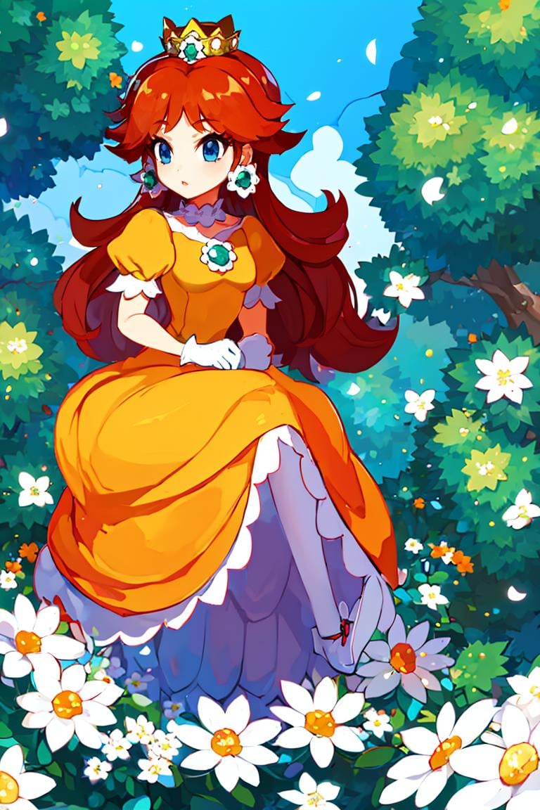 <lora:Harada_Takehito_Background_Dim32:0.8>, (masterpiece, best quality), 1girl,   <lora:princessdaisy-lora-nochekaiser:1> princess daisy, blue eyes, long hair, orange hair, crown, daisy, dress, flower, gem, gloves, orange dress, puffy short sleeves, puffy sleeves, short sleeves, white gloves,