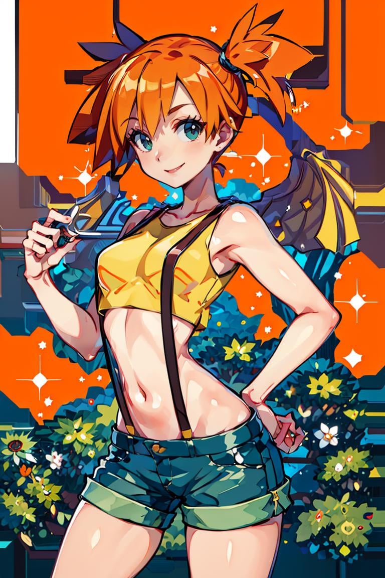 <lora:Harada_Takehito_Background_Dim32:0.8>, ((masterpiece,best quality)), absurdres, <lora:Misty_Pokemon_v2_Anime:0.8>, Misty_Pokemon, yellow crop top, suspenders, side ponytail, orange hair, denim shorts, solo, smiling, looking at viewer, cowboy shot, cinematic composition, contrapposto, tropical beach,