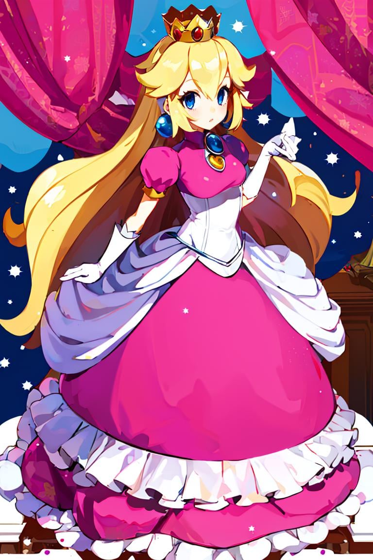 <lora:Harada_Takehito_Background_Dim32:0.8>, (masterpiece, best quality), 1girl,    <lora:princesspeach-lora-nochekaiser:1> princess peach, blonde hair, blue eyes, long hair, crown, dress, gem, gloves, pink dress, puffy short sleeves, puffy sleeves, short sleeves, white gloves,