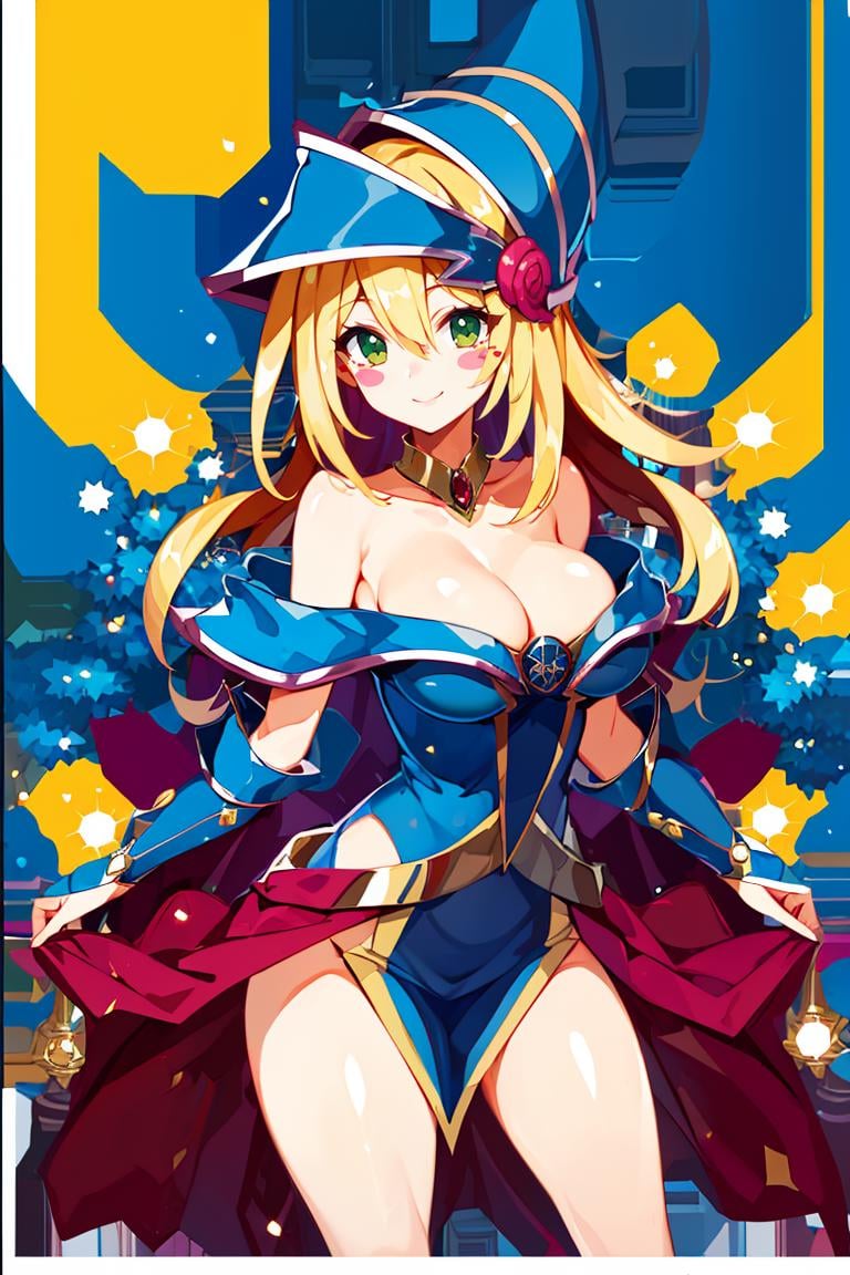 <lora:Harada_Takehito_Background_Dim32:1>, ((masterpiece,best quality)), absurdres, <lora:dark_magician_girl_v1:0.7>, hmdmg1, wizard hat, blush, blush stickers, cleavage, bare shoulders, dress, off shoulder, solo, smiling, looking at viewer, cowboy shot, cinematic composition, contrapposto