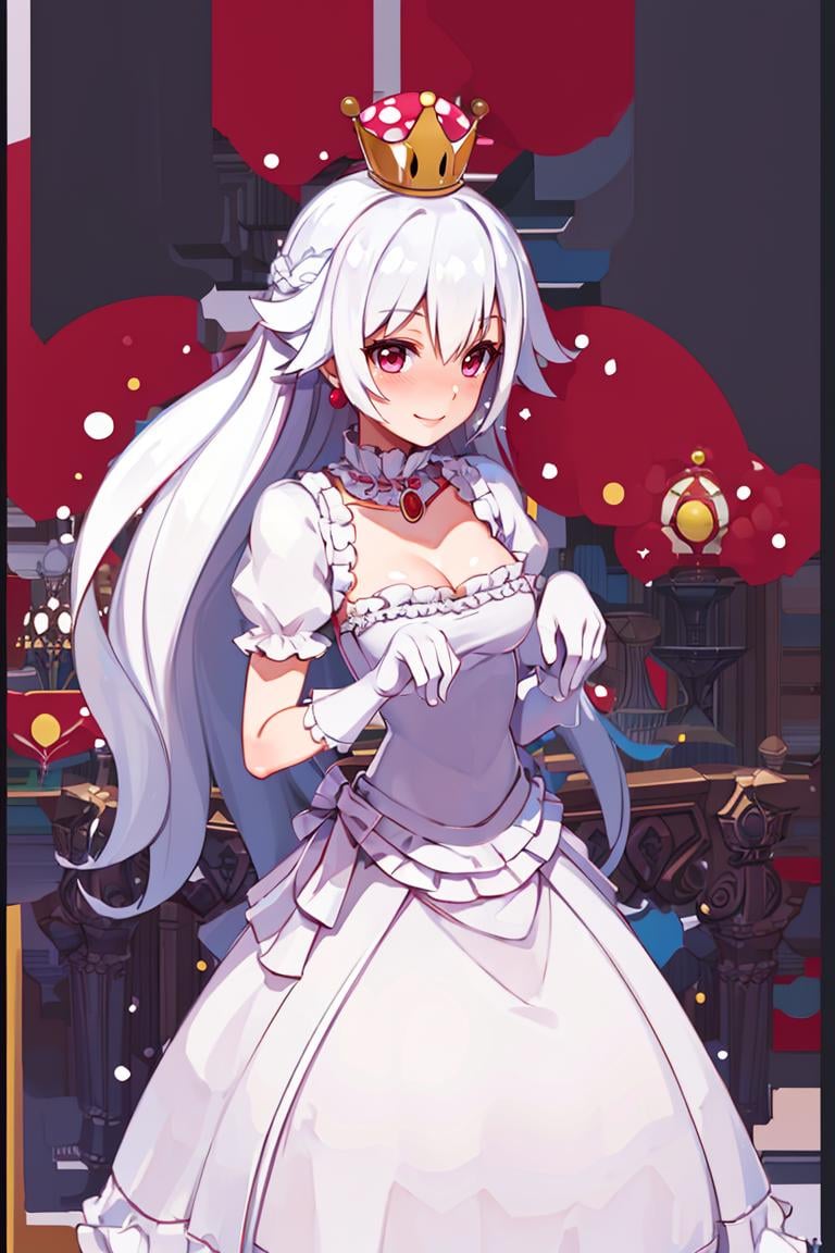 <lora:Harada_Takehito_Background_Dim32:0.8>, ((masterpiece,best quality)), absurdres, <lora:Boosette_Mario_Anime:0.9>, Boosette_Mario, 1girl, long hair, white hair, long white dress, ballroom dress, white gloves,  solo, smiling, blushing, looking at viewer, cowboy shot,  cinematic composition,