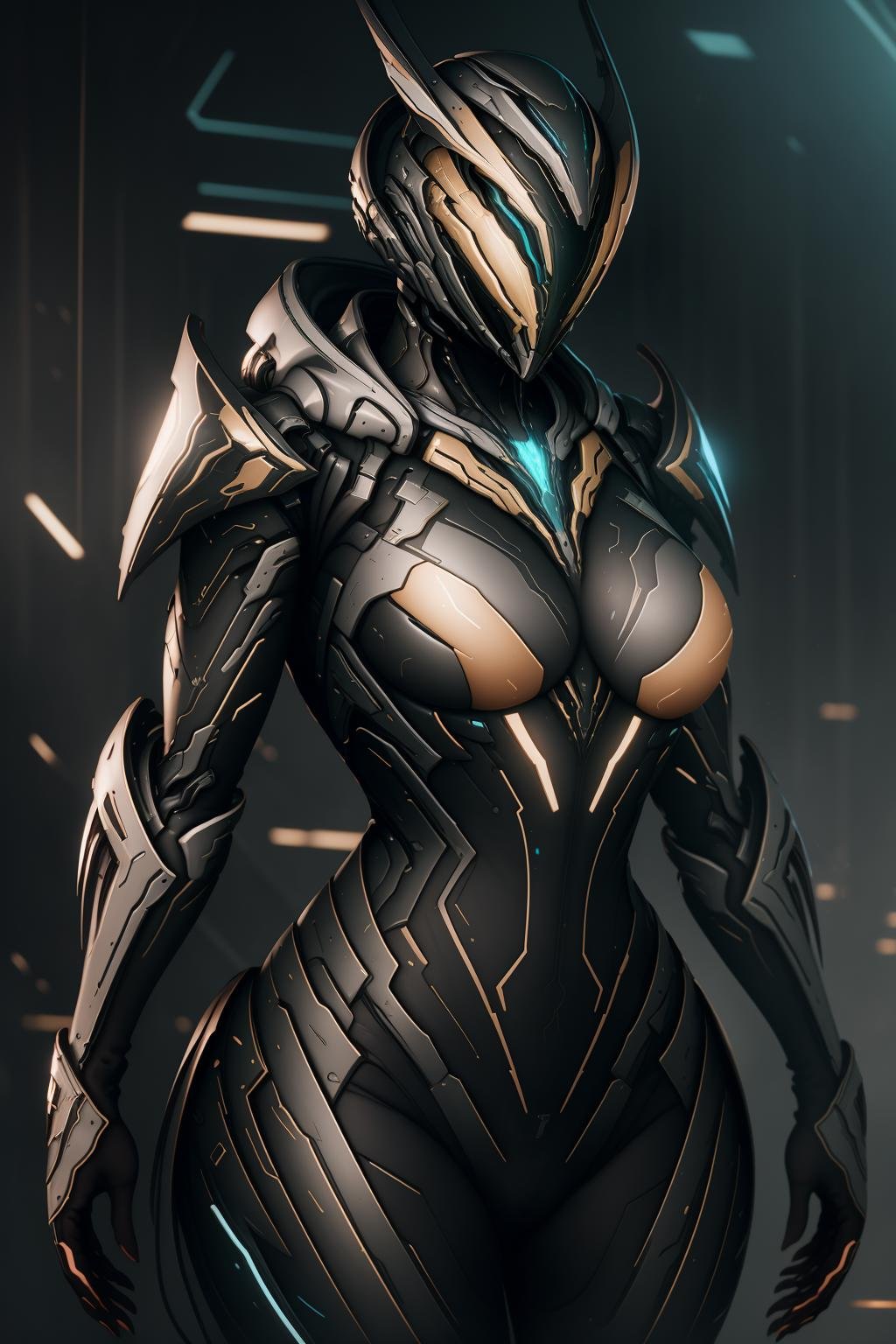 ((best quality)),absurdres,(ultra high res),octane render, woman, warframe suit, cyber helmet, neon light, huge breasts, (8k), (Masterpiece), (cinematic lighting), <lora:Warframe:0.77> 