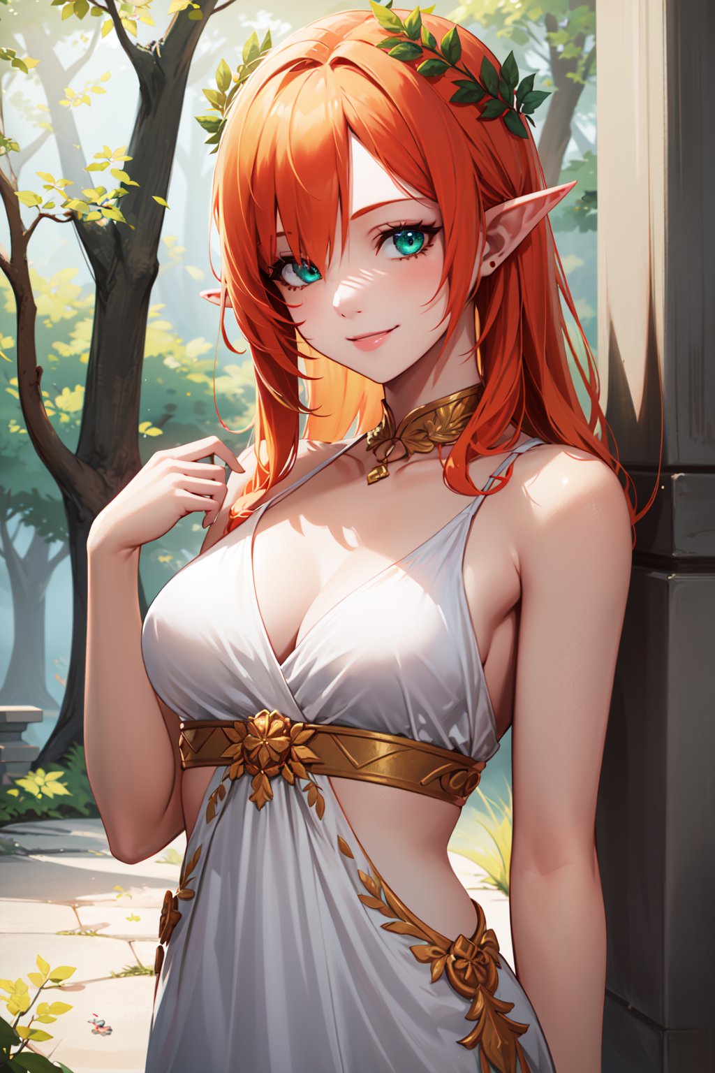 (masterpiece,  best quality),  (((good eyes,  detailed eyes,  detailed background))),  absurdres,  highres,  ultra detailed,  1girl,  seductive smile,  pointy ears,  forest,  detailed,  green eyes,  blonde hair,  orange hair,  multicolored hair,  green hair,  ancient greek clothes,  laurel crown,  long dress,  orange dress, <lora:EMS-75243-EMS:0.800000>