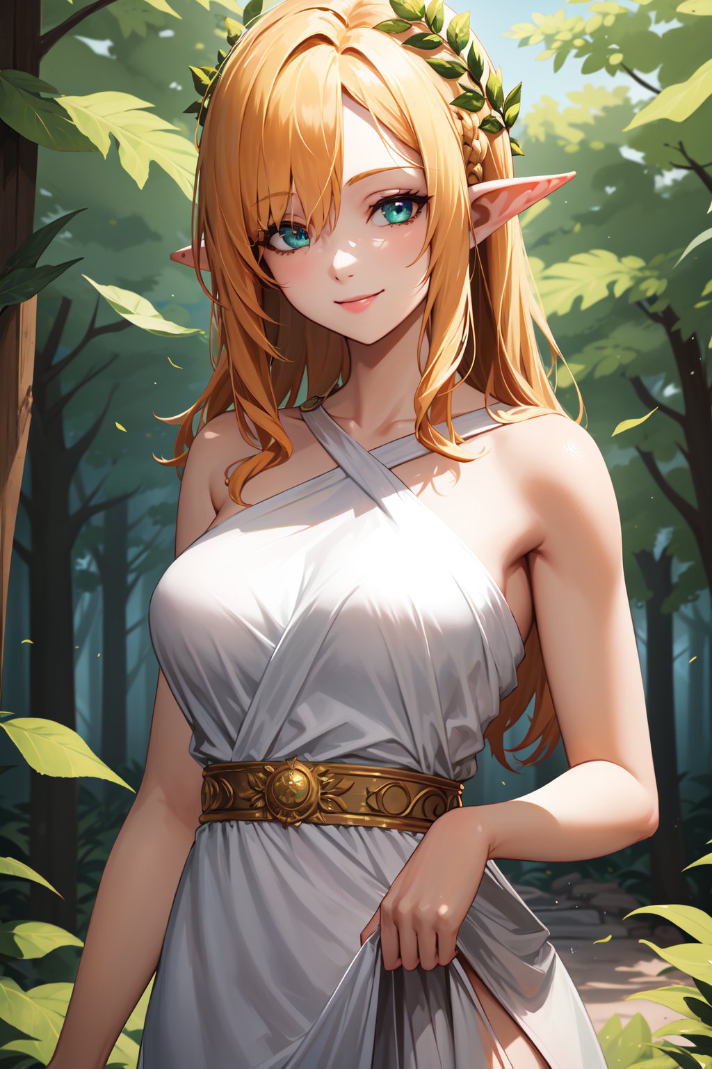 (masterpiece,  best quality),  (((good eyes,  detailed eyes,  detailed background))),  absurdres,  highres,  ultra detailed,  1girl,  seductive smile,  pointy ears,  forest,  detailed,  green eyes,  blonde hair,  multicolored hair,  ancient greek clothes,  laurel crown,  long dress,  orange dress, <lora:EMS-75243-EMS:0.800000>