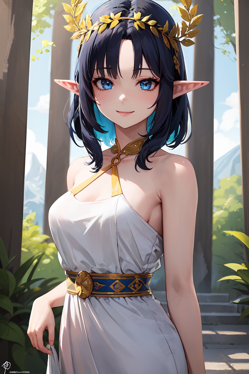 (masterpiece,  best quality),  (((good eyes,  detailed eyes,  detailed background))),  absurdres,  highres,  ultra detailed,  1girl,  smile,  pointy ears,  forest,  detailed,  blue eyes,  blue hair,  black hair,  multicolored hair,  two-tone hair,  colored inner hair,  ancient greek clothes,  laurel crown,  long dress,  white dress, <lora:EMS-75243-EMS:0.800000>