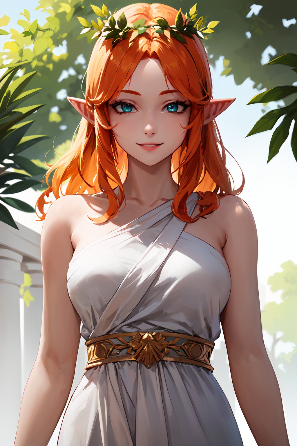 (masterpiece,  best quality),  (((good eyes,  detailed eyes,  detailed background))),  absurdres,  highres,  ultra detailed,  1girl,  seductive smile,  pointy ears,  forest,  detailed,  green eyes,  blonde hair,  orange hair,  multicolored hair,  two-tone hair,  ancient greek clothes,  laurel crown,  long dress,  orange dress, <lora:EMS-75243-EMS:0.800000>