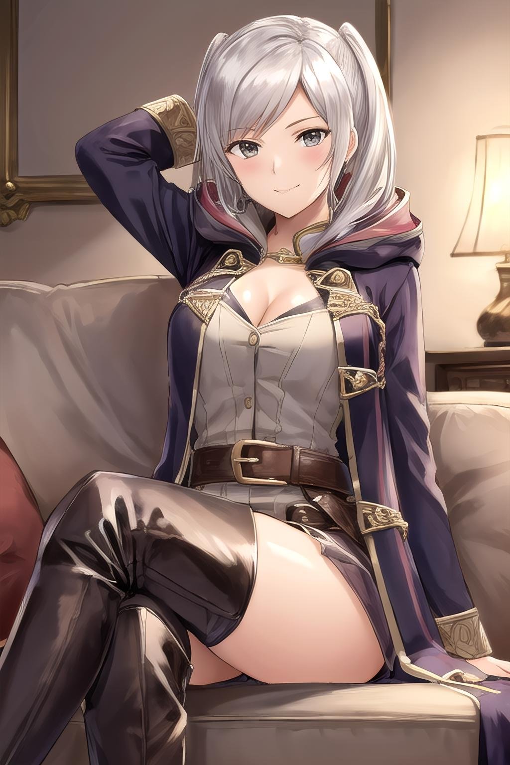 <lora:2f-robin-10:0.8>, robin fe, 1girl, solo, looking at viewer, blush, sitting, on couch, crossed legs, smirk, robe, hood down, belt, tactician, cleavage, thigh boots, hands behind head, thick thighs