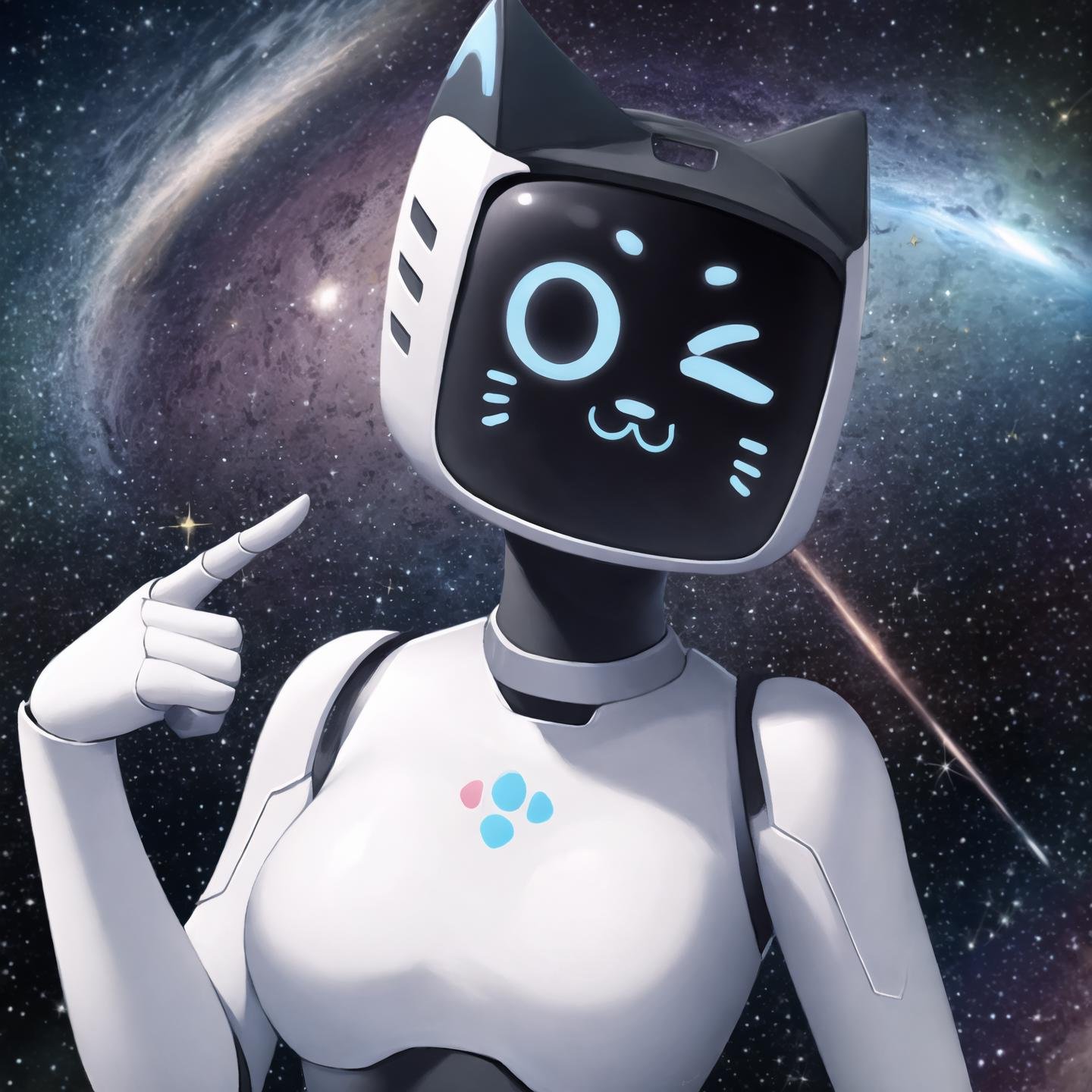 a beautiful and detailed portrait of kerfus,portrait,female, robot, wink,  smile, space background, sparkles,breasts, detailed background, abstract background, in space <lora:kerfusv1.4:1>