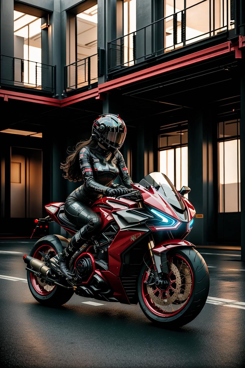 <lora:LoHa_SuperBikeV2:0.7>masterpiece, highly detailed photorealistic 8k raw photo, best cinematic quality, volumetric lighting and shadows, 1girl on Christmas Red sprbk, futuristic cityscape, worm's eye, motorcycle helmet 