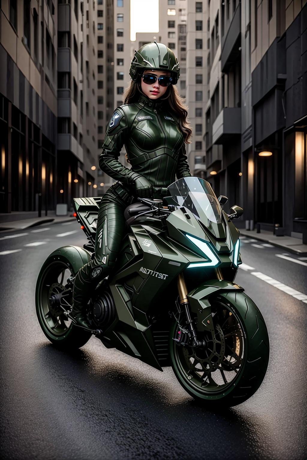 <lora:LoHa_SuperBikeV2:0.7>masterpiece, highly detailed photorealistic 8k raw photo, best cinematic quality, volumetric lighting and shadows, 1girl on Army Green sprbk, futuristic cityscape, Close-up 