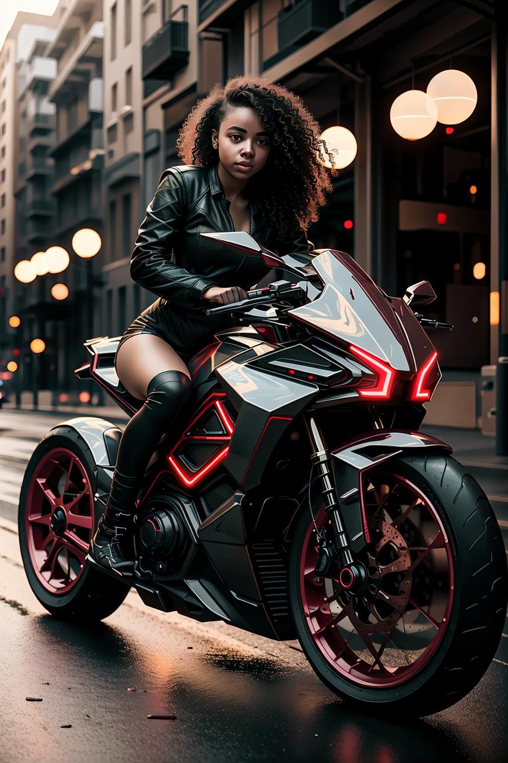 <lora:LoHa_SuperBikeV2:0.7>masterpiece, highly detailed photorealistic 8k raw photo, best cinematic quality, volumetric lighting and shadows, 1girl on Ruby Red sprbk, futuristic cityscape, Medium shot 