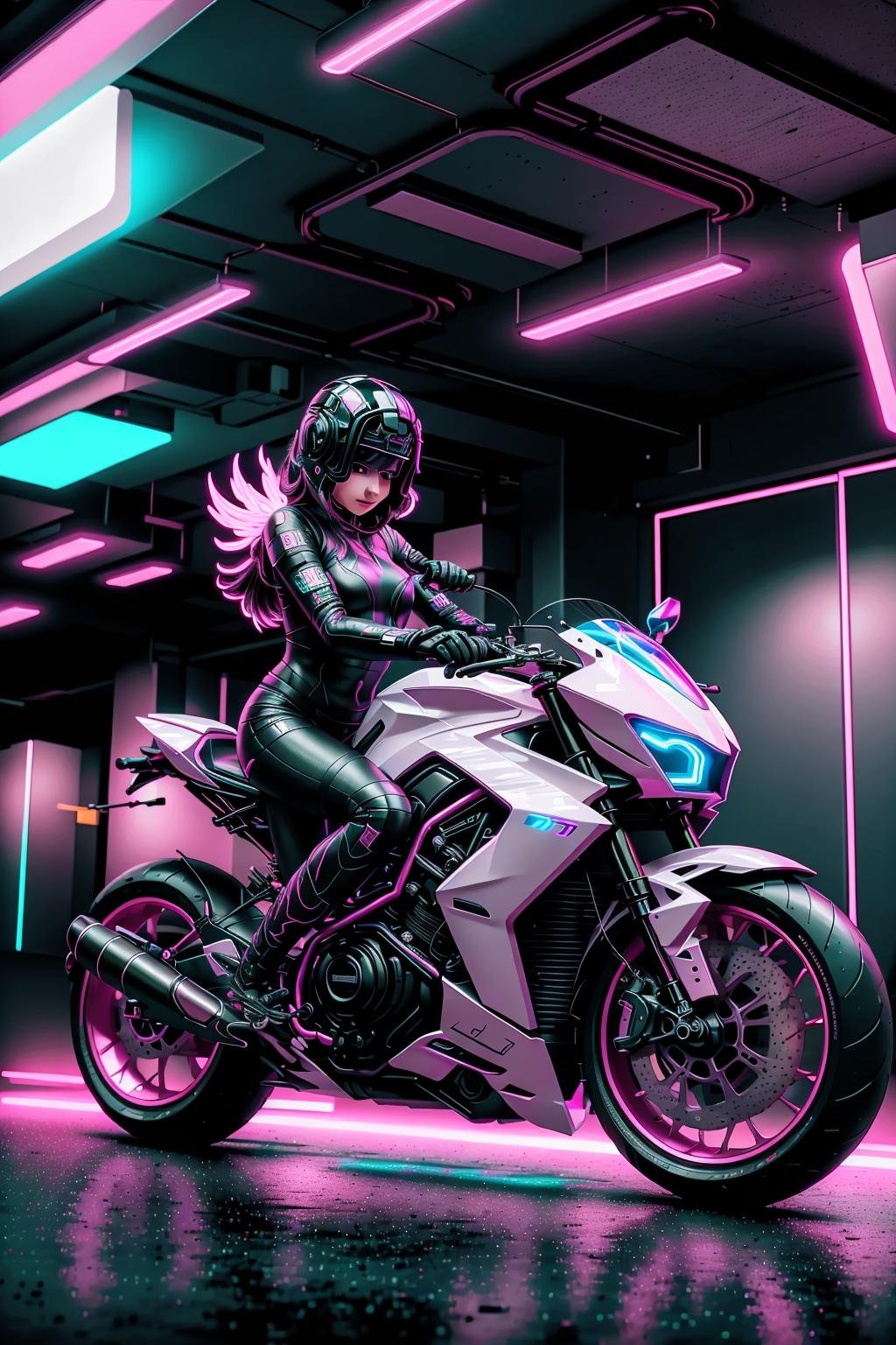 <lora:LoHa_SuperBikeV2:0.7>masterpiece, highly detailed photorealistic 8k raw photo, best cinematic quality, volumetric lighting and shadows, 1girl on Neon Pink sprbk, futuristic cityscape, Bird’s-eye view 