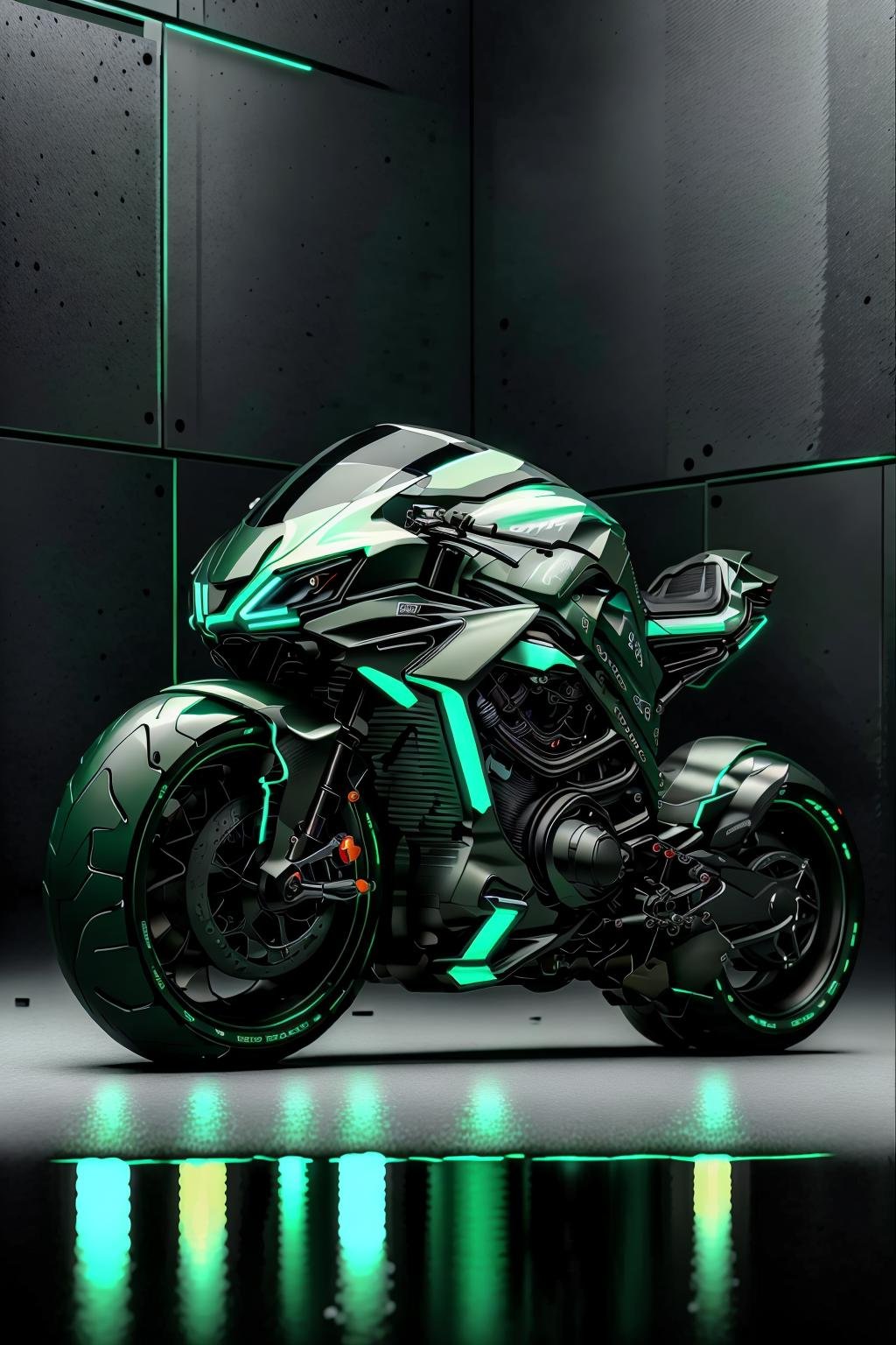 <lora:LoHa_SuperBikeV2:1>masterpiece, highly detailed photorealistic 8k raw photo, best cinematic quality, volumetric lighting and shadows, Mint Green sprbk, cutting-edge design, showcasing sleek lines, advanced features, innovation, futuristic cityscape, Fisheye-shot 