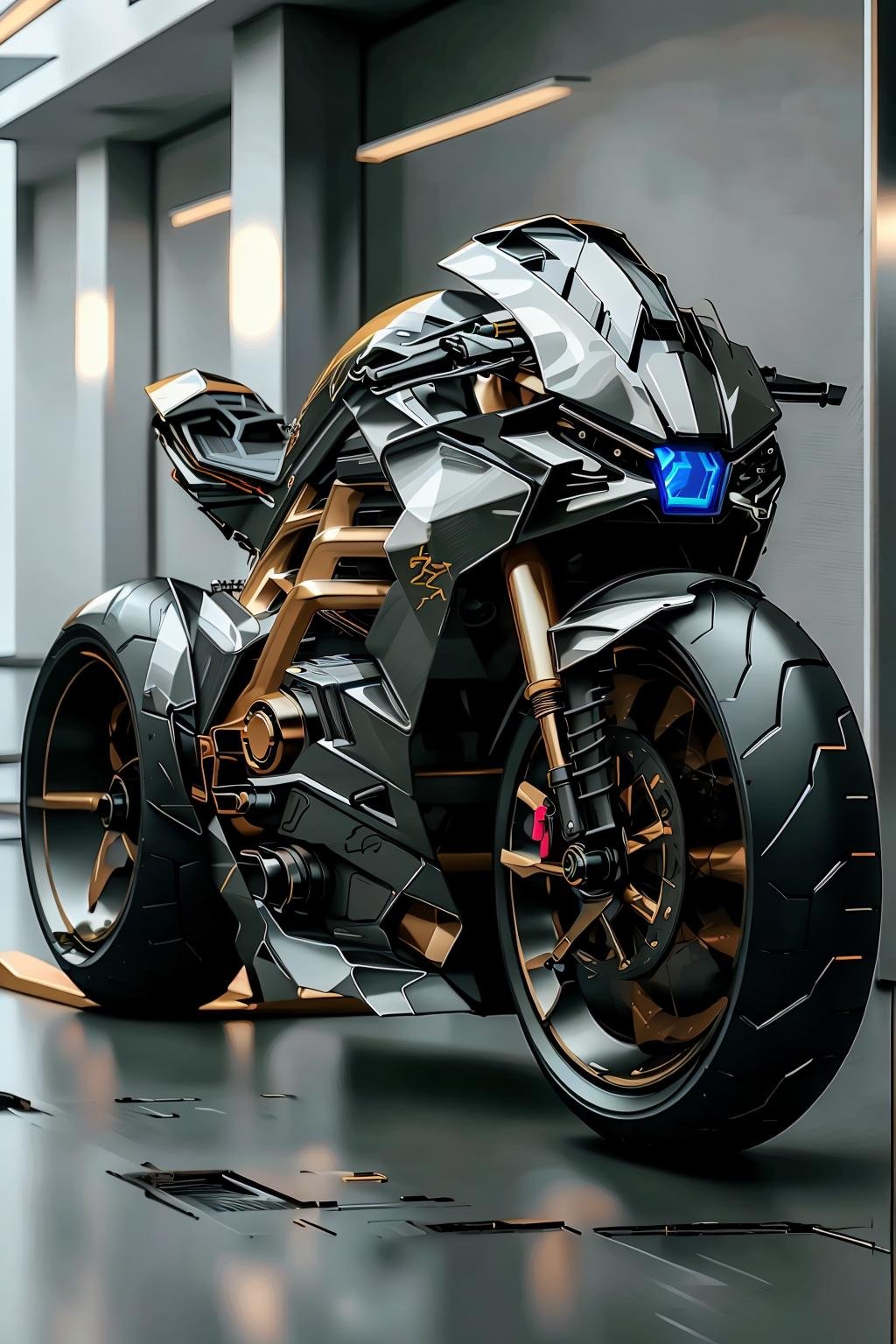 <lora:LoHa_SuperBikeV2:1>masterpiece, highly detailed photorealistic 8k raw photo, best cinematic quality, volumetric lighting and shadows, Bisque sprbk, cutting-edge design, showcasing sleek lines, advanced features, innovation, futuristic cityscape, Extreme long shot 