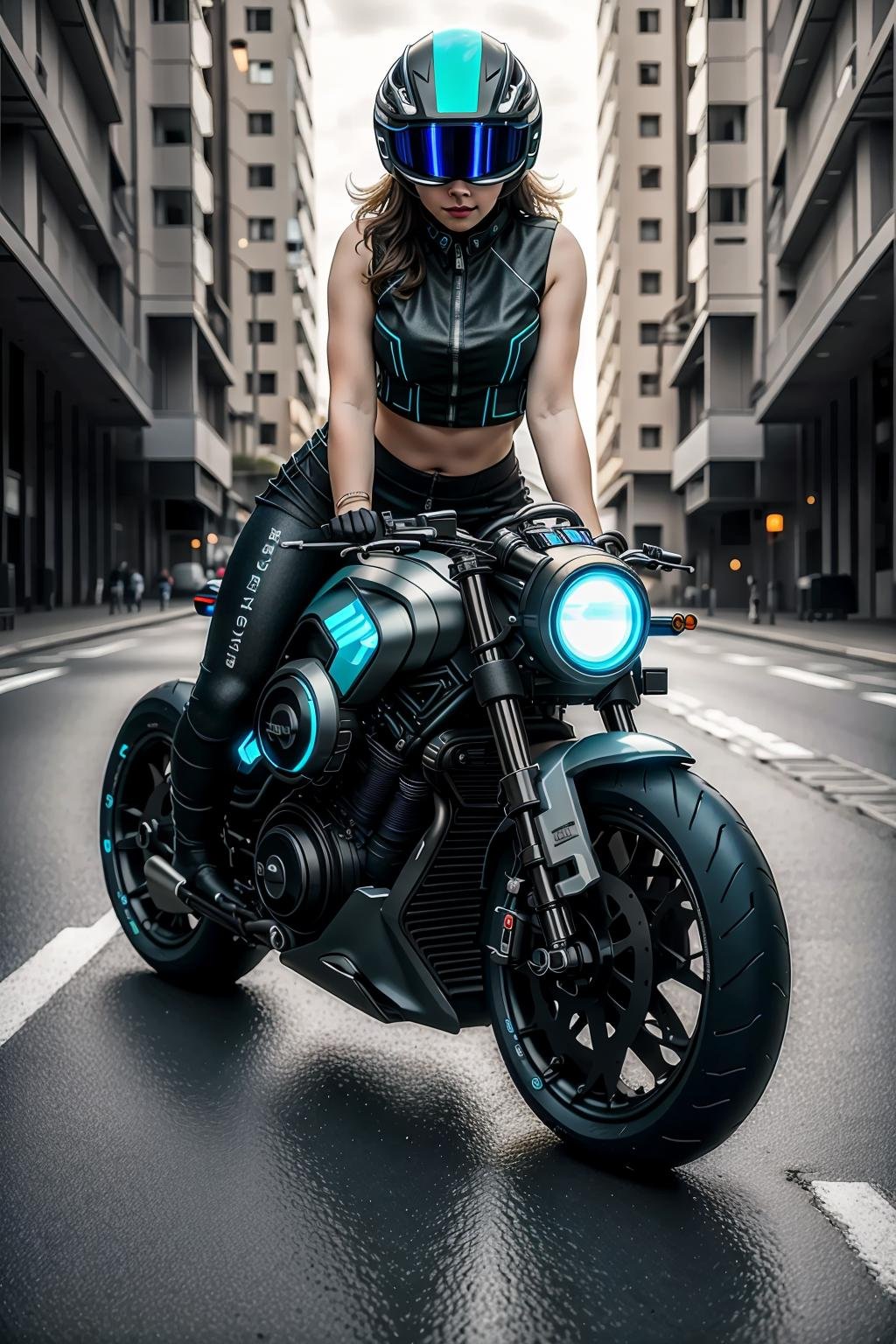 <lora:LoHa_SuperBikeV2:0.7>masterpiece, highly detailed photorealistic 8k raw photo, best cinematic quality, volumetric lighting and shadows, 1girl on Chambray Blue sprbk, futuristic cityscape, macro shot, motorcycle helmet 