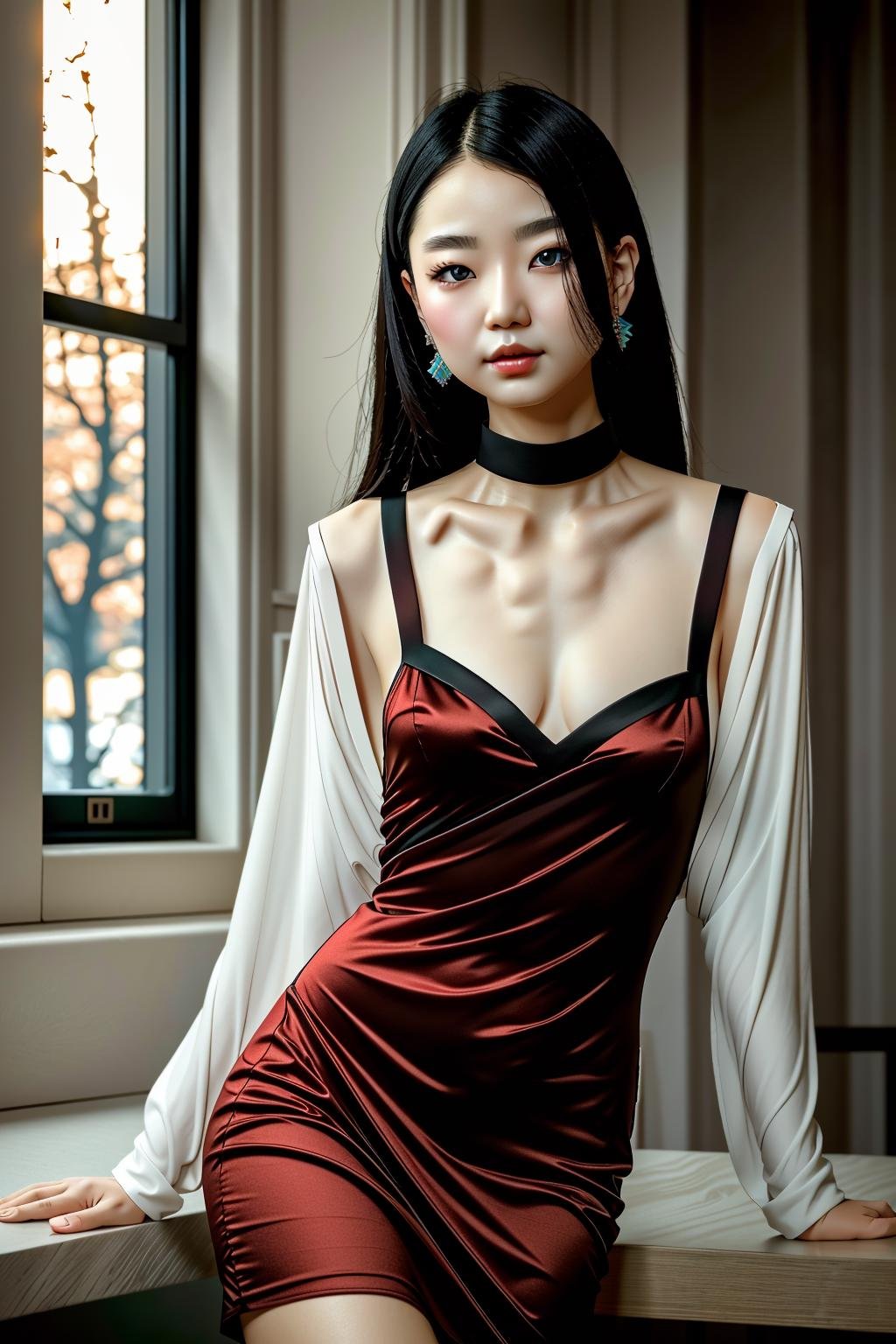 <lora:lvdress_v3:1>masterpiece, highly detailed 8k raw photo, best cinematic quality, volumetric lighting and shadowsa beautiful dark red girl in Chrome lvdress with aqua eyes,  Dutch angleoffice background