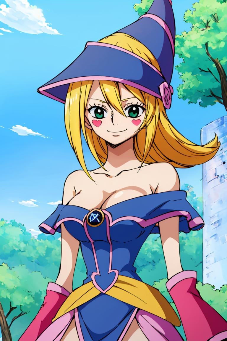 <lora:Oda_Eiichirou_Animation_Style_Dim32:1>, ((masterpiece,best quality)), absurdres, <lora:dark_magician_girl_v1:0.7>, hmdmg1, wizard hat, blush, blush stickers, cleavage, bare shoulders, dress, off shoulder, solo, smiling, looking at viewer, cowboy shot, cinematic composition, contrapposto