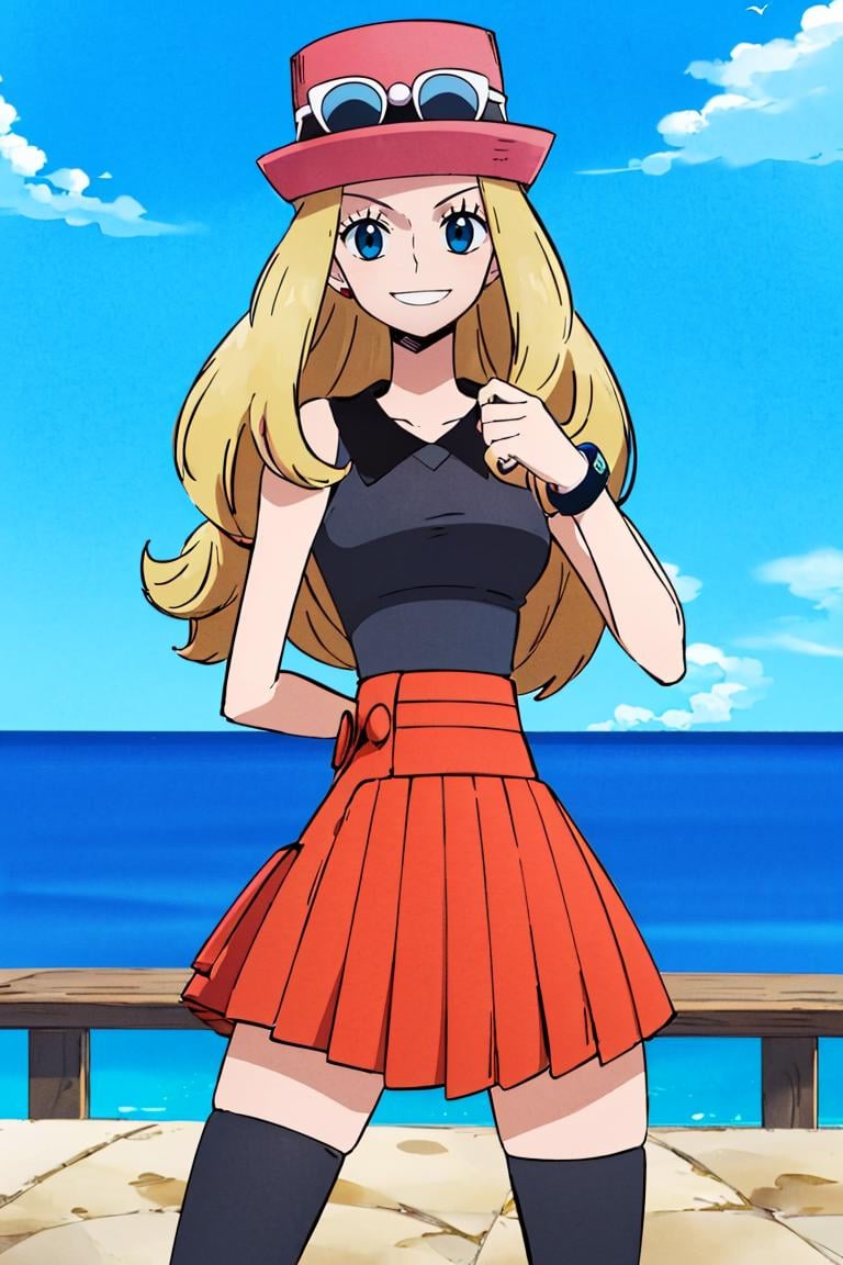 <lora:Oda_Eiichirou_Animation_Style_Dim32:0.8>, ((masterpiece,best quality)), absurdres,  <lora:serena_v1:0.7>,  serena \(pokemon\), 1girl, long hair, blue eyes,  thighhighs, long hair, hat, jewelry, bracelet, black thighhighs, collared shirt, pleated skirt, red skirt, sleeveless, high-waist skirt, sleeveless shirt, eyelashes, pink headwear, black shirt, eyewear on headwear, solo, smiling, looking at viewer, cowboy shot,  cinematic composition, contrapposto, 