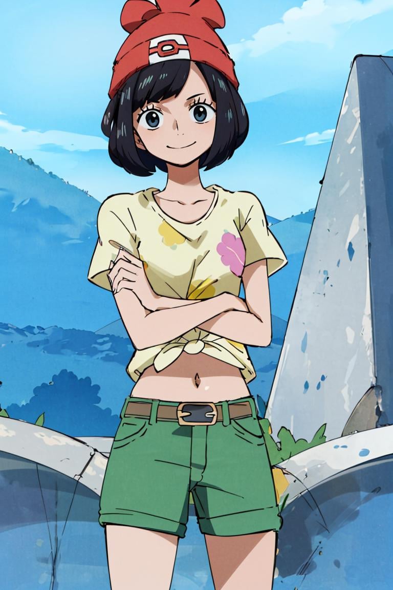 <lora:Oda_Eiichirou_Animation_Style_Dim32:0.8>, ((masterpiece,best quality)), absurdres,  <lora:selene_(pokemon)_v1:0.7>,  selene \(pokemon\), solo, grey eyes, black hair, green shorts, red headwear, beanie, shirt, tied shirt, floral print, short hair, short sleeves, short shorts, striped, yellow shirt, belt, midriff,  solo, smiling, looking at viewer, cowboy shot,  cinematic composition, contrapposto, 