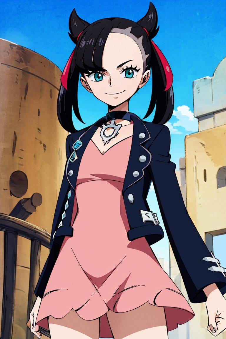 <lora:Oda_Eiichirou_Animation_Style_Dim32:0.8>, ((masterpiece,best quality)), absurdres, <lora:marnie_v1:0.7>, hmmarnie, aqua eyes, black choker, red ribbon, pink dress, jewelry, black jacket, open clothes, long sleeves,  solo, smiling, looking at viewer, cowboy shot, cinematic composition, contrapposto, 