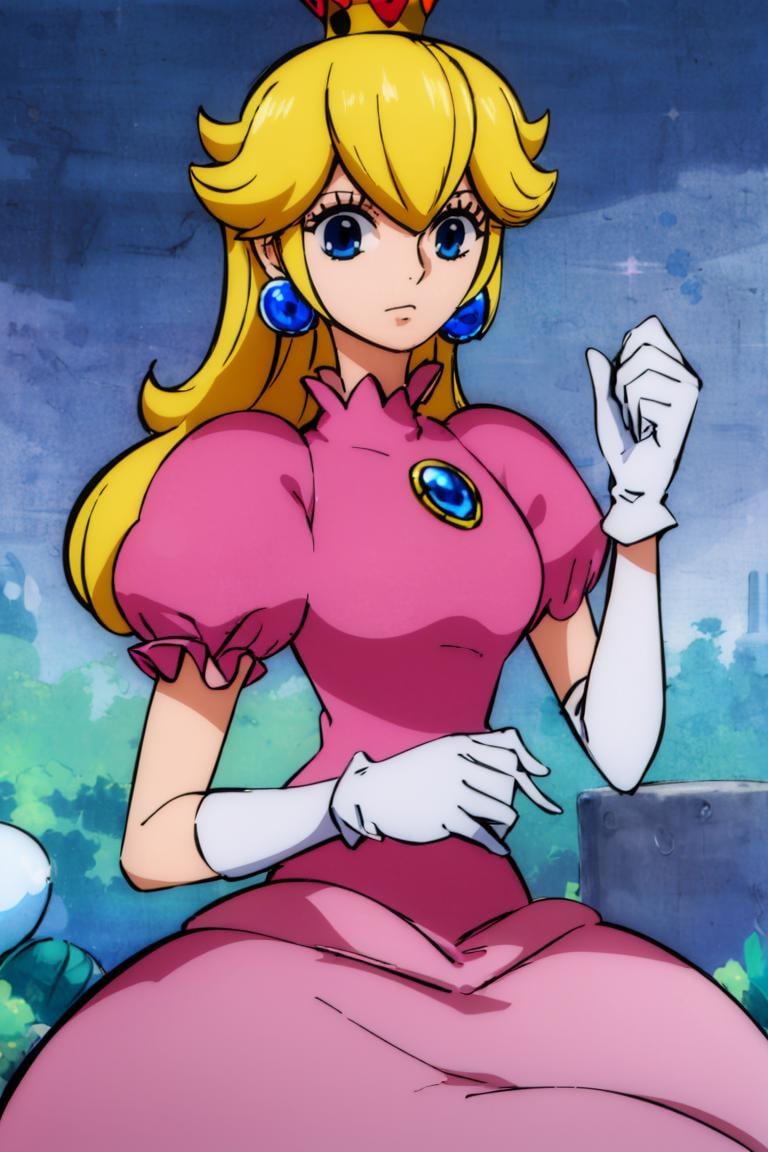 <lora:Oda_Eiichirou_Animation_Style_Dim32:0.8>, (masterpiece, best quality), 1girl,    <lora:princesspeach-lora-nochekaiser:1> princess peach, blonde hair, blue eyes, long hair, crown, dress, gem, gloves, pink dress, puffy short sleeves, puffy sleeves, short sleeves, white gloves,