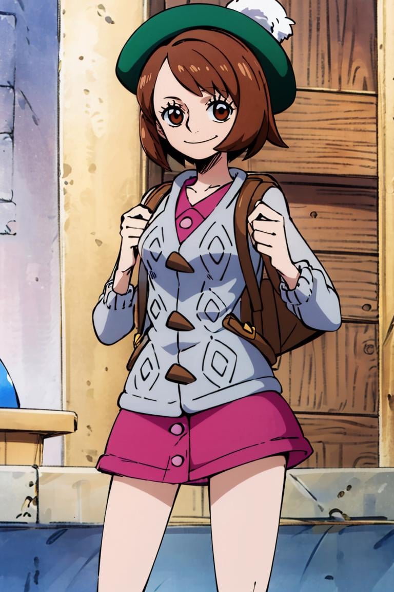 <lora:Oda_Eiichirou_Animation_Style_Dim32:1>, ((masterpiece,best quality)), absurdres,  <lora:gloria_(pokemon)_v1:0.7>,  gloria \(pokemon\), brown hair, solo, backpack, brown eyes, tam o' shanter, grey cardigan, pink dress, short hair, green socks, socks, brown bag, bob cut, bangs, long sleeves, collared dress,  solo, smiling, looking at viewer, cowboy shot,  cinematic composition, contrapposto, 