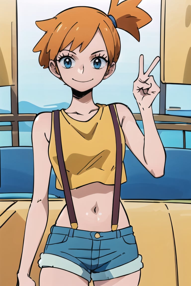 , ((masterpiece,best quality)), absurdres, , Misty_Pokemon, yellow crop top, suspenders, side ponytail, orange hair, denim shorts, solo, smiling, looking at viewer, cowboy shot, contrapposto, peace sign,