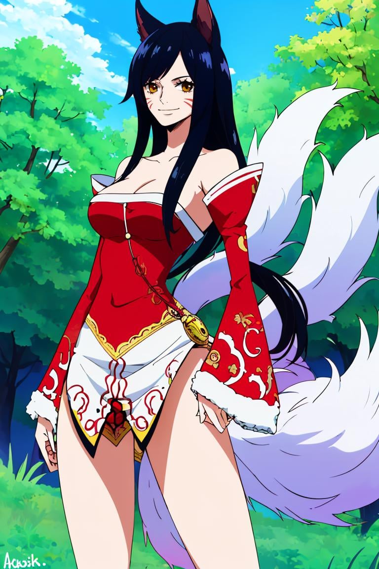 <lora:Oda_Eiichirou_Animation_Style_Dim32:0.8>, ((masterpiece,best quality)), absurdres, ah1, facial mark, multiple tails, fox tails, korean clothes, cleavage, bare shoulders, detached sleeves, <lora:ahri_v10:0.7>, outdoors, standing, cowboy shot, smile, contrapposto