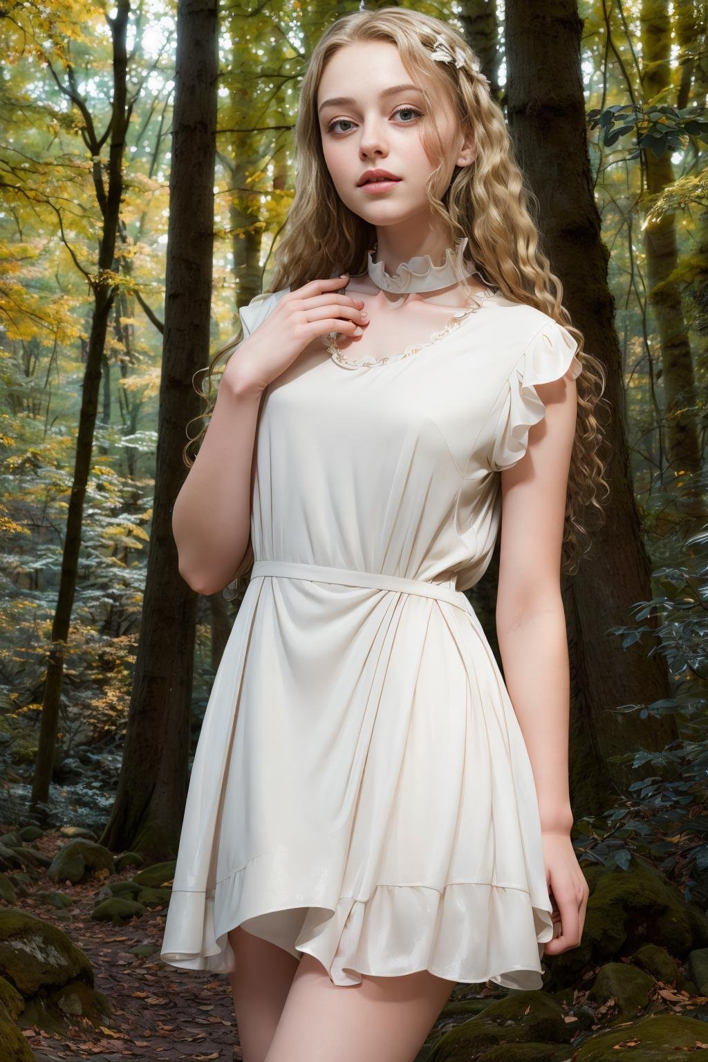 <lora:kfgdress_v1:1>masterpiece, photorealistic highly detailed 8k raw photo, volumetric lighting, volumetric shadowslight blonde 1girl in Cream kfgdressforest background  