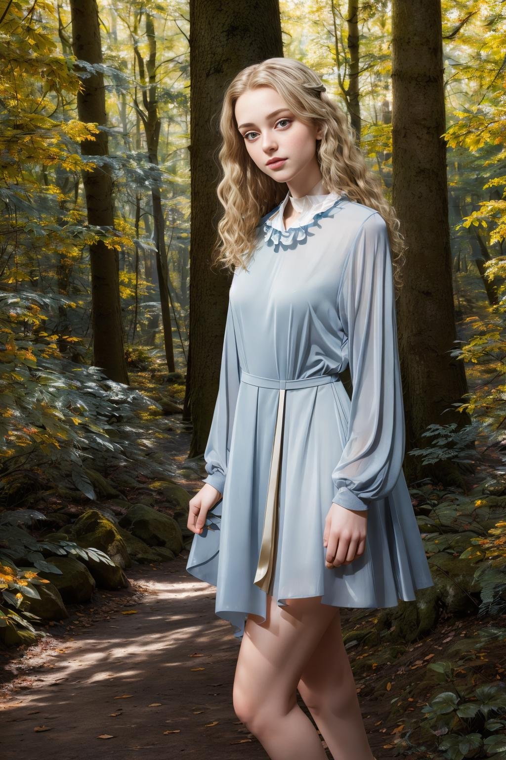 <lora:kfgdress_v1:1>masterpiece, photorealistic highly detailed 8k raw photo, volumetric lighting, volumetric shadowslight blonde 1girl in King Blue kfgdressforest background  