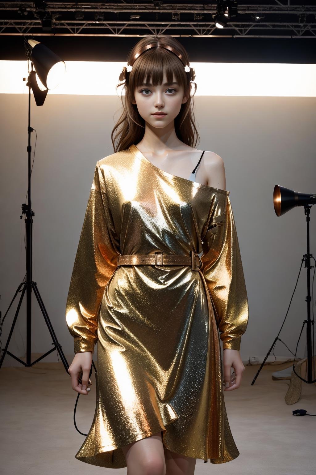 <lora:ctrdress_v1:1>masterpiece, photorealistic highly detailed 8k raw photo, volumetric lighting, volumetric shadowscopper 1girl in Brass ctrdressfashion show background 