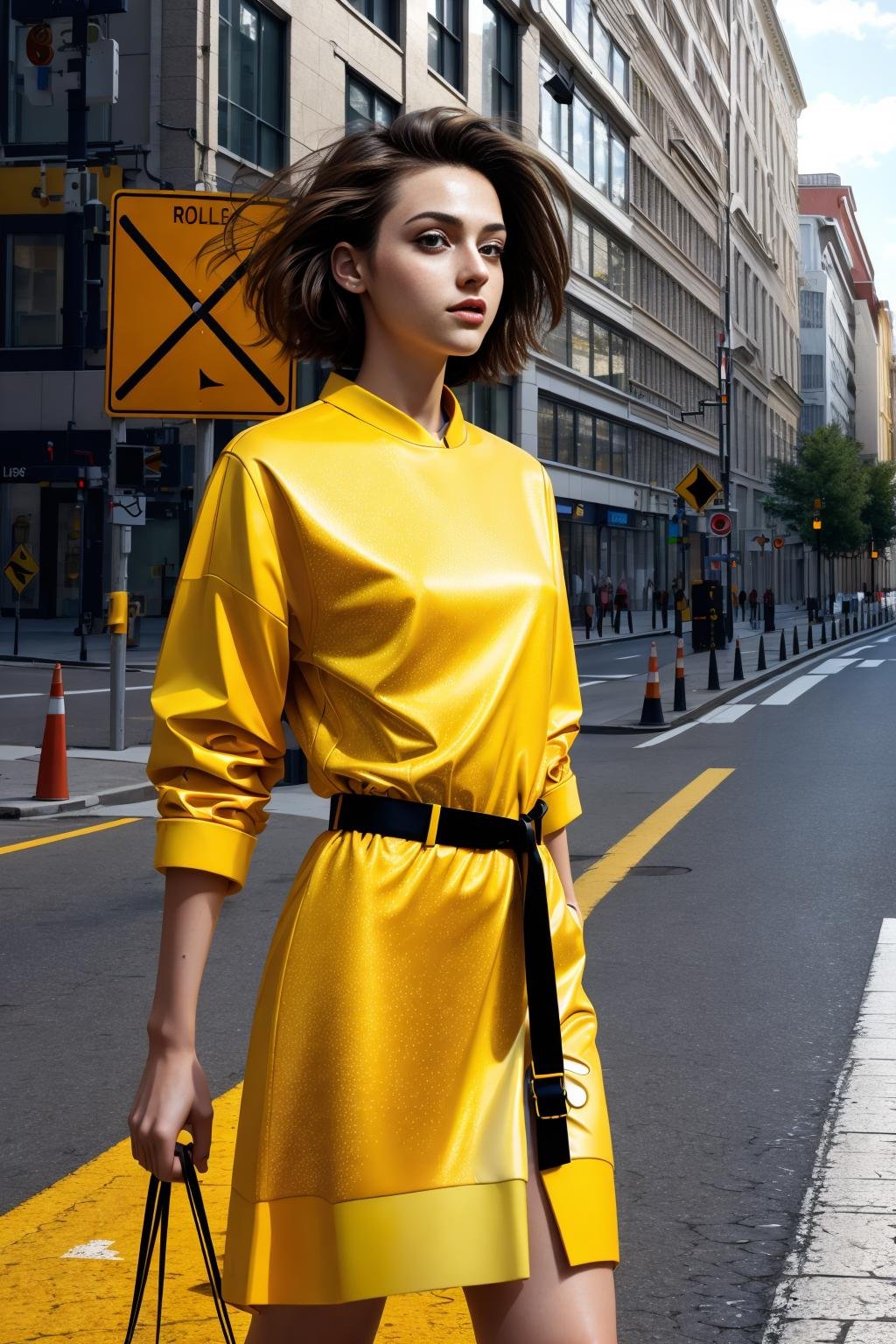 <lora:ctrdress_v1:1>masterpiece, photorealistic highly detailed 8k raw photo, volumetric lighting, volumetric shadowsyellow 1girl in Road Sign Yellow ctrdressfashion show background 