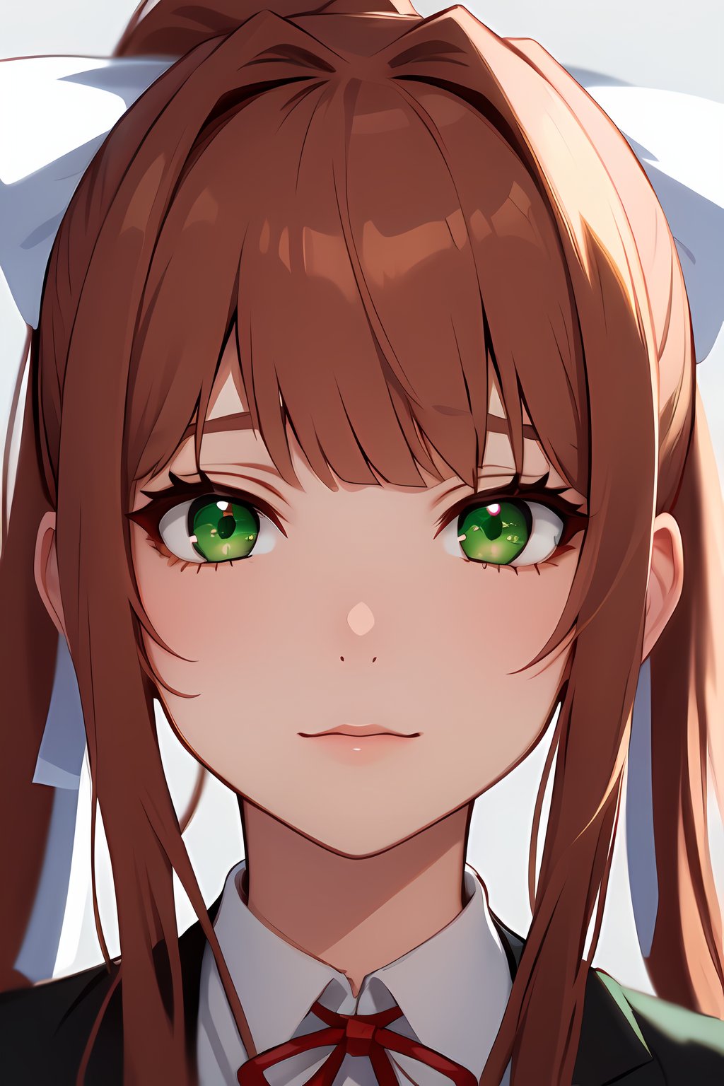 Solo_girl, MonikaDDLC, perfect_face, high_detailed_skin, skin_pores, cinematic_lighting, DDLCMONIKA, BLUNT BANGS, BROWN HAIR, (GREEN EYES:1.5), LONG HAIR, PONYTAIL, RIBBON, WHITE RIBBON, HAIR RIBBON, SIDELOCKS,