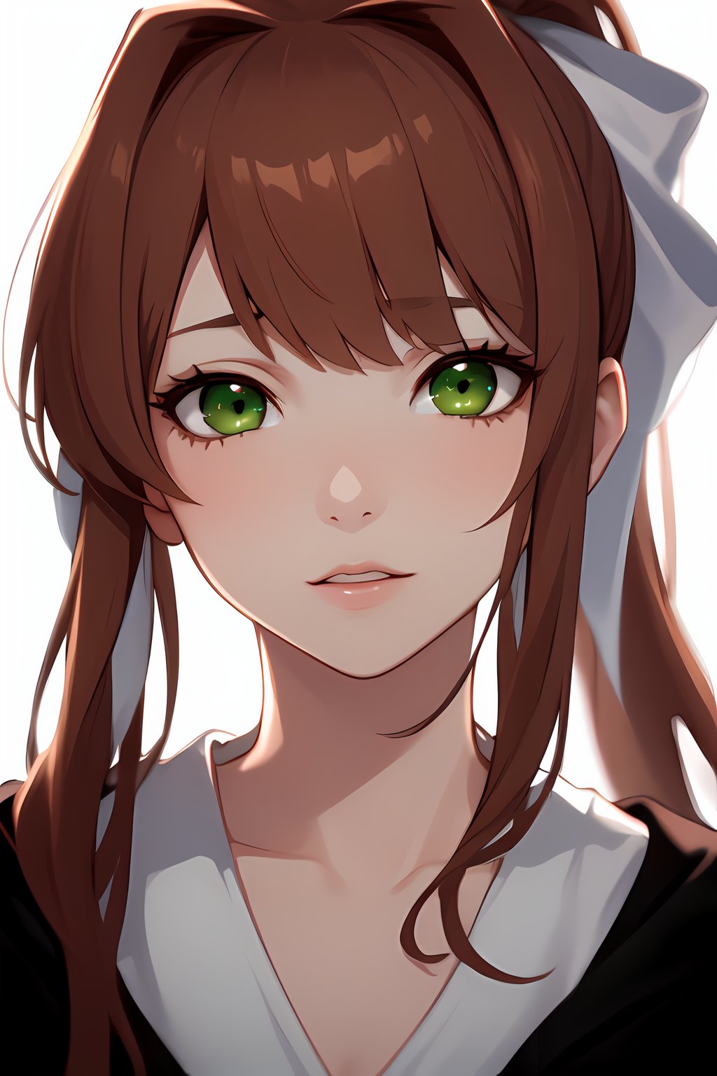 Solo_girl, perfect_face, high_detailed_skin, skin_pores, cinematic_lighting, DDLCMONIKA, BLUNT BANGS, BROWN HAIR, (GREEN EYES:1.5), LONG HAIR, PONYTAIL, RIBBON, WHITE RIBBON, HAIR RIBBON, SIDELOCKS,