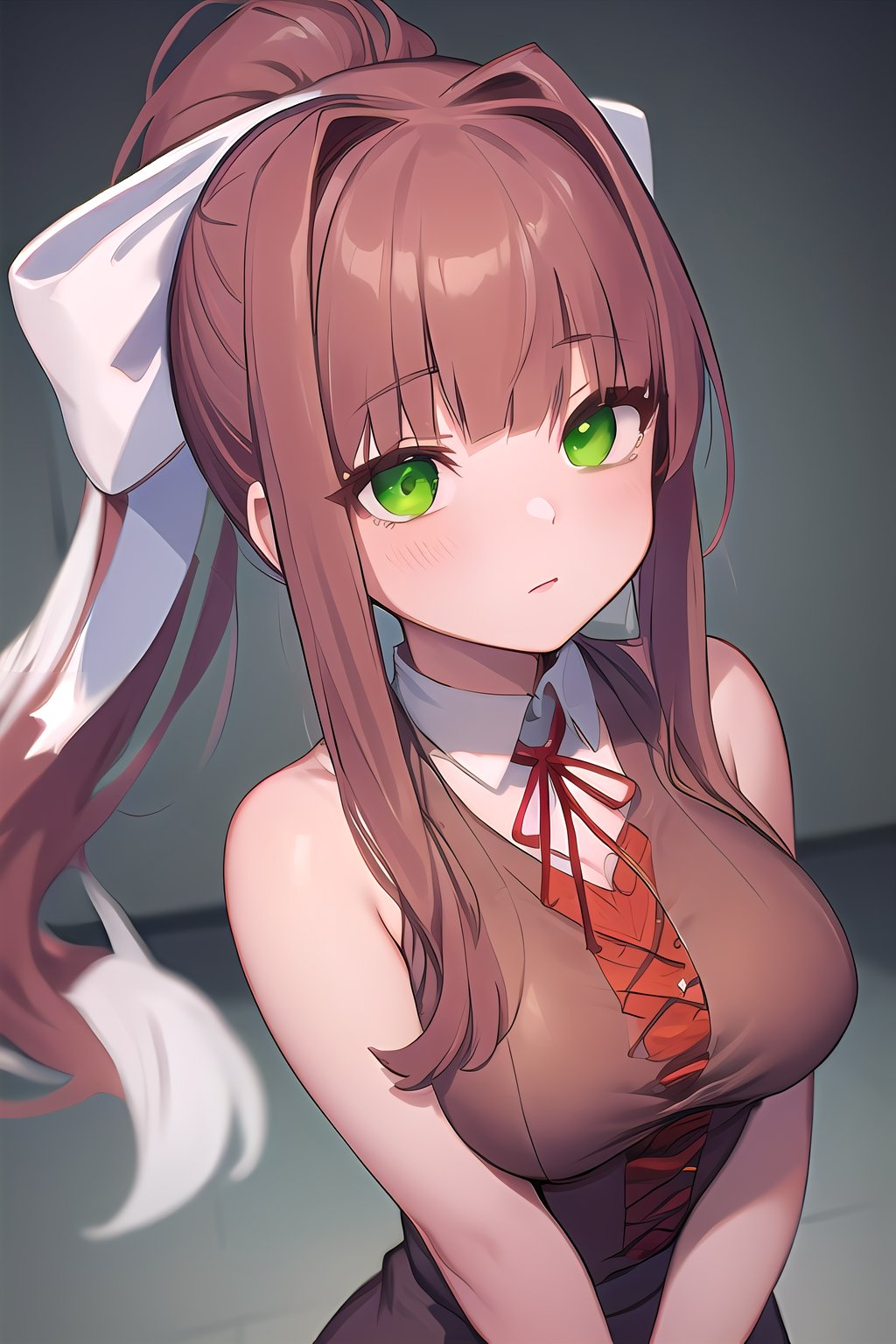 Solo_girl, perfect_face, high_detailed_skin, skin_pores, cinematic_lighting, full_body, DDLCMONIKA, BLUNT BANGS, BROWN HAIR, (GREEN EYES:1.5), LONG HAIR, PONYTAIL, RIBBON, WHITE RIBBON, HAIR RIBBON, SIDELOCKS,