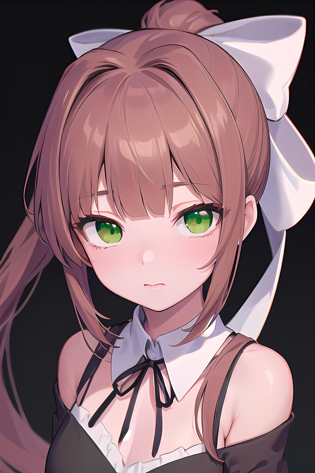 Solo_girl, perfect_face, high_detailed_skin, skin_pores, cinematic_lighting, full_body, DDLCMONIKA, BLUNT BANGS, BROWN HAIR, (GREEN EYES:1.5), LONG HAIR, PONYTAIL, RIBBON, WHITE RIBBON, HAIR RIBBON, SIDELOCKS,