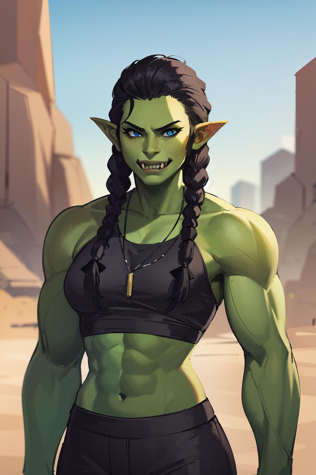 1girl, cowboy shot of muscular shewoworc, green skin, fangs, tusks, heavy armor, black shirt, pants, glowes, necklace, black hair, twin braids, blue eyes, desert town, volumetric lighting, best quality, masterpiece, realistic <lora:sxz-orcs:0.6>