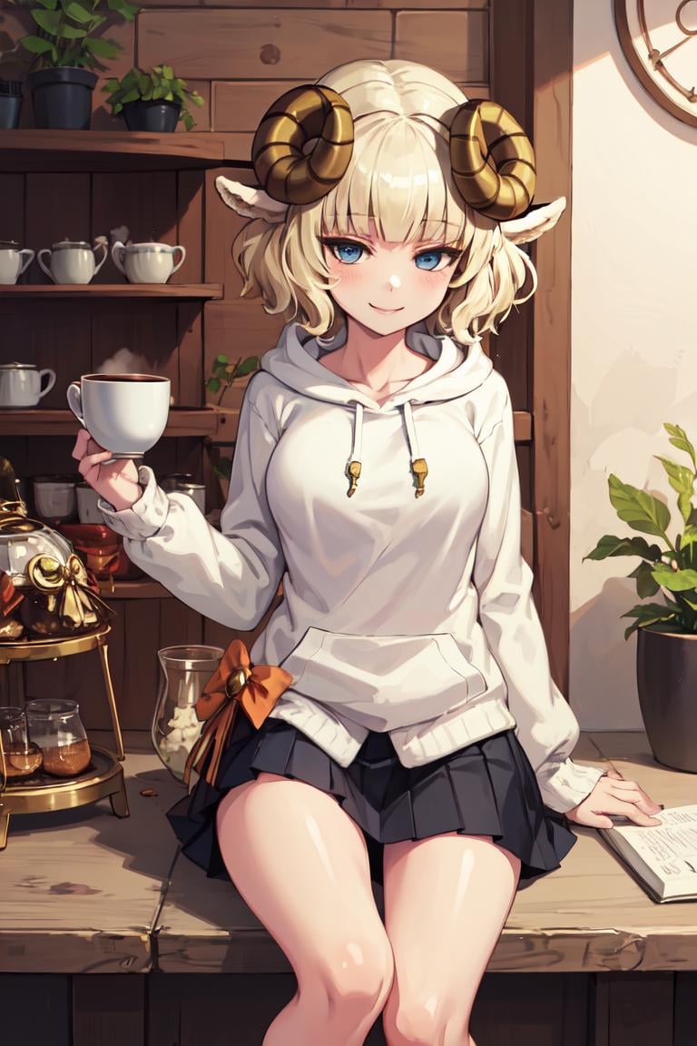 masterpiece, best quality, absurdres, perfect anatomy, 1girl, solo, Weresheep, blonde hair, blue eyes, horns, sheep ears, sitting, coffee shop, hoodie, pleated skirt, smile, <lora:Weresheep:1.0>