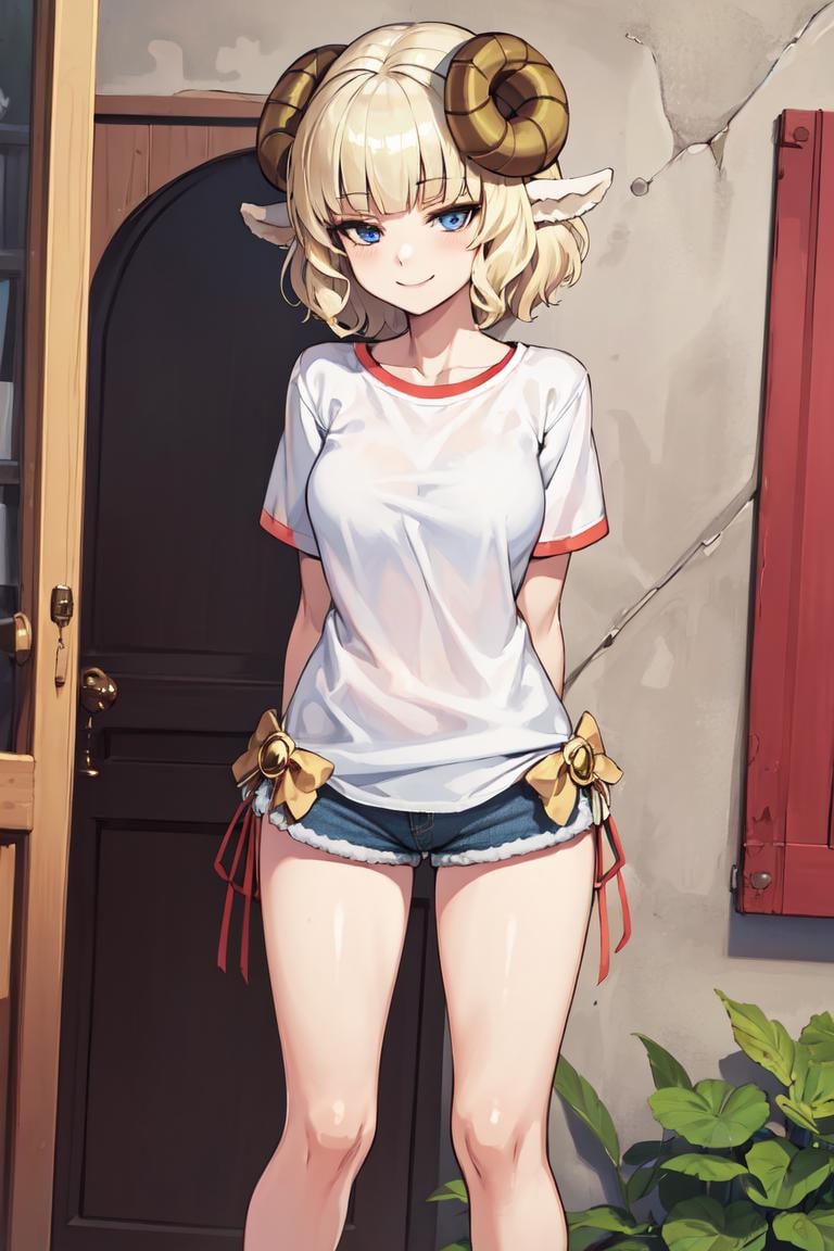 masterpiece, best quality, absurdres, perfect anatomy, 1girl, solo, Weresheep, blonde hair, blue eyes, horns, sheep ears, white shirt, short sleeves, t-shirt, denim shorts, arms behind back, smile, <lora:Weresheep:1.0>