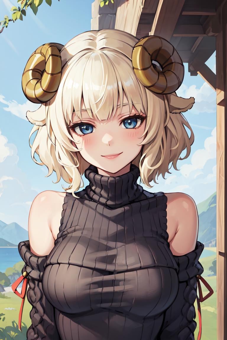 masterpiece, best quality, absurdres, perfect anatomy, 1girl, solo, Weresheep, blonde hair, blue eyes, horns, sheep ears, outdoors, portrait, upper body, large breasts, sweater, turtleneck sweater, smile, <lora:Weresheep:1.0>