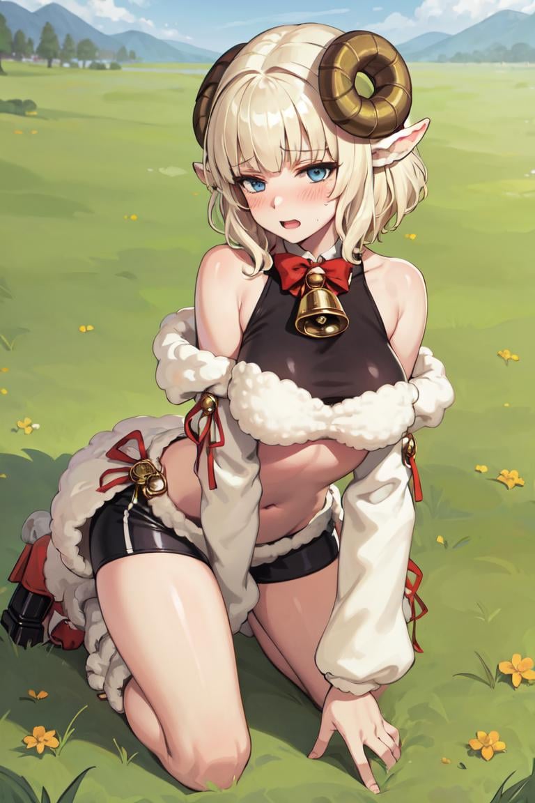 masterpiece, best quality, absurdres, perfect anatomy, 1girl, solo, Weresheep, blonde hair, blue eyes, horns, sheep ears, hooves, fur-trim, neck bell, crop top, bike shorts, leg warmers, large breasts, outdoors, field, grass, all fours, blush, <lora:Weresheep:0.8>