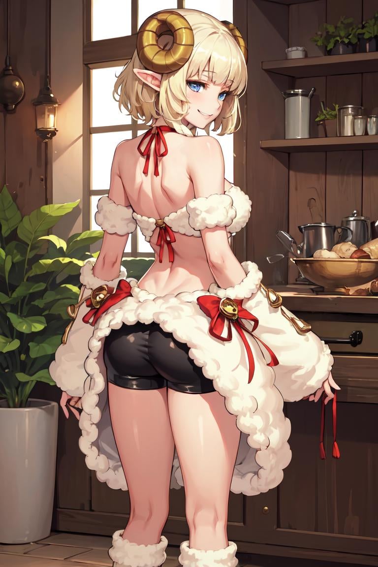 masterpiece, best quality, absurdres, perfect anatomy, 1girl, solo, Weresheep, blonde hair, blue eyes, horns, sheep ears, hooves, fur-trim, neck bell, crop top, bike shorts, leg warmers, large breasts, standing, from behind, indoors, smile, <lora:Weresheep:0.8>