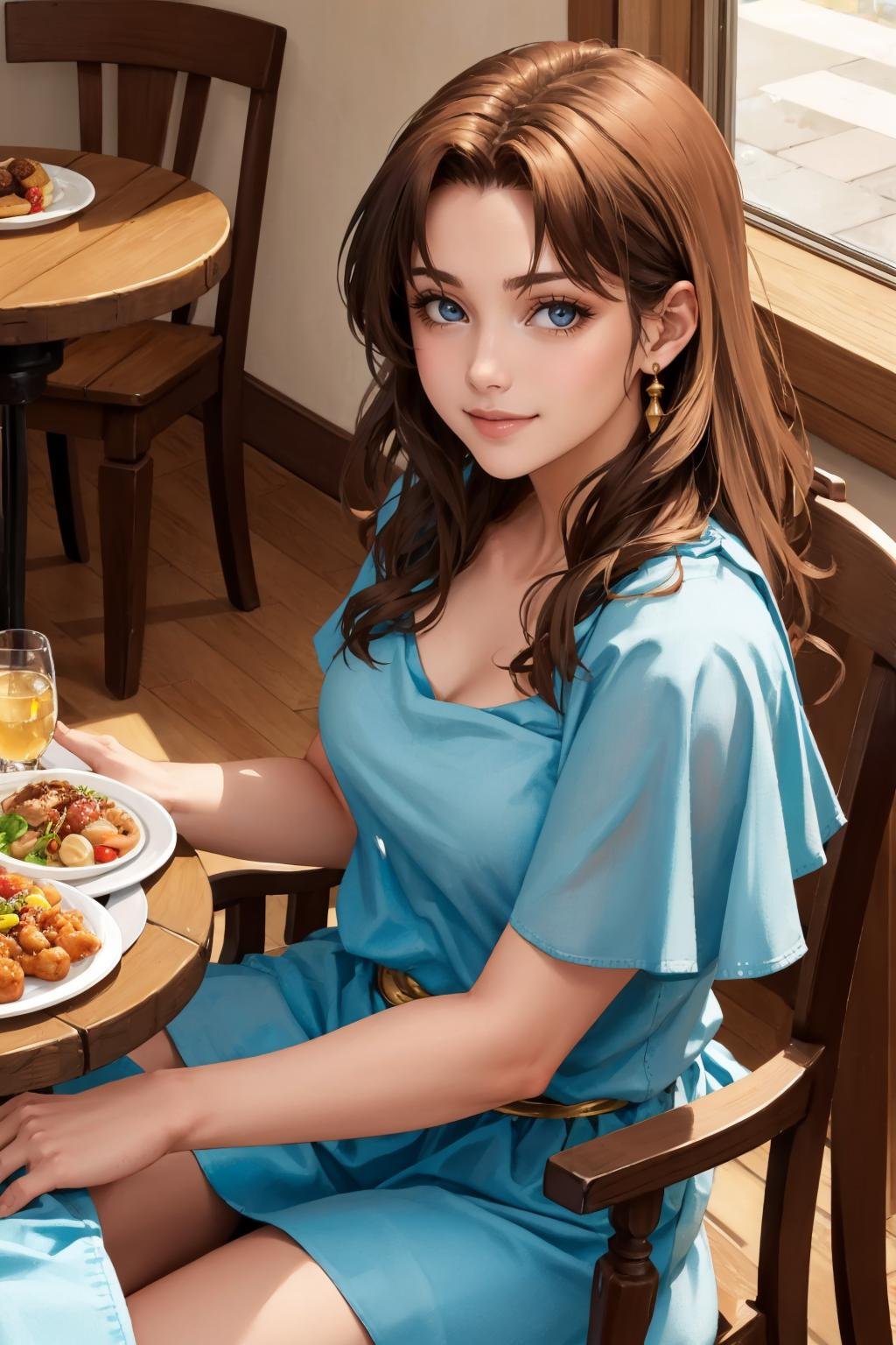 masterpiece, best quality, <lora:lilia-nvwls-v1-000009:0.9> lilia, blue dress, sandals, smile, siting, chair, table, food, looking at viewer, tavern