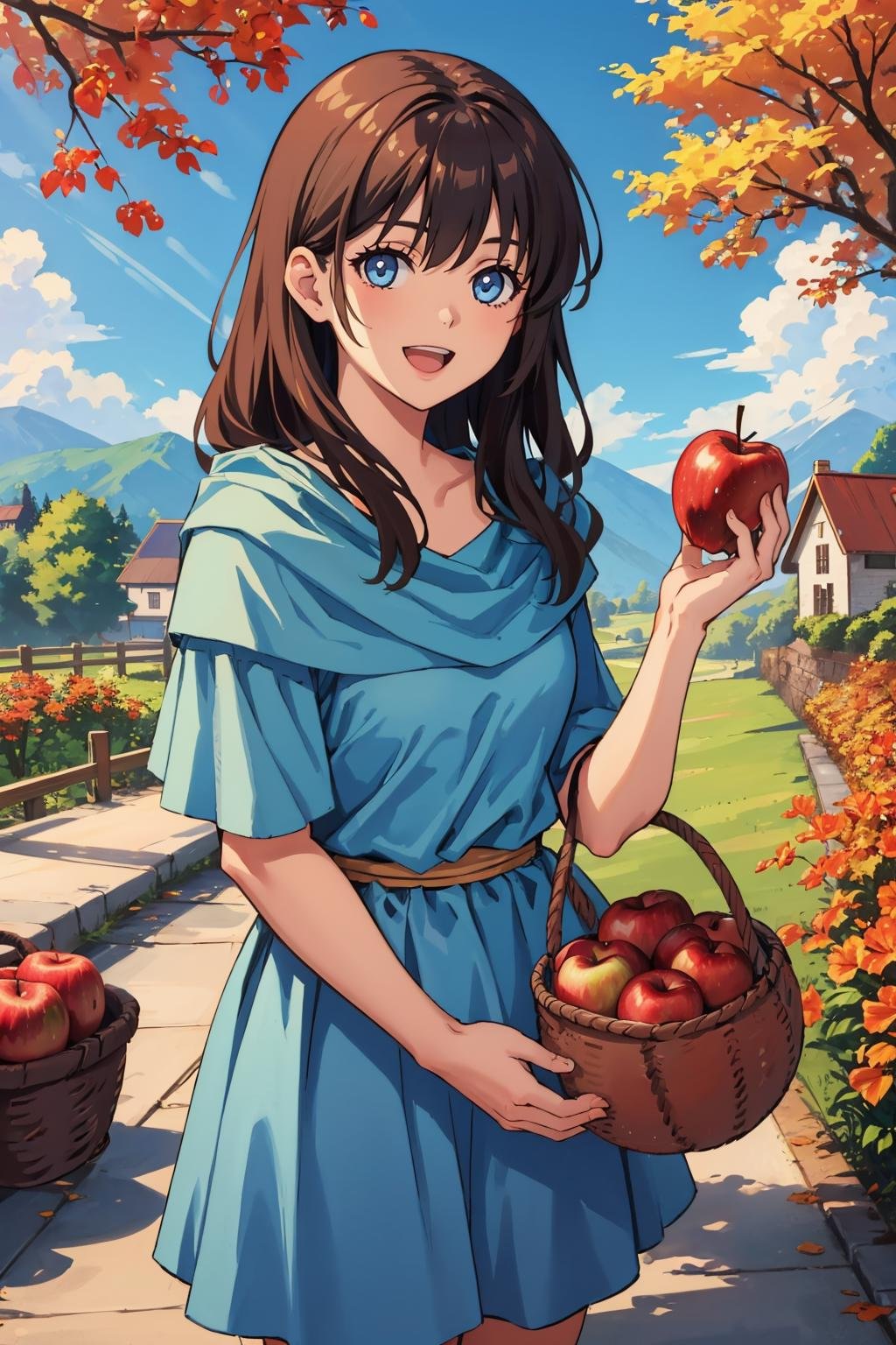 masterpiece, best quality, <lora:lilia-nvwls-v1-000009:0.9> lilia, blue dress, sandals, smile, cowboy shot, basket of apples, village, autumn, :D, looking at viewer, holding basket