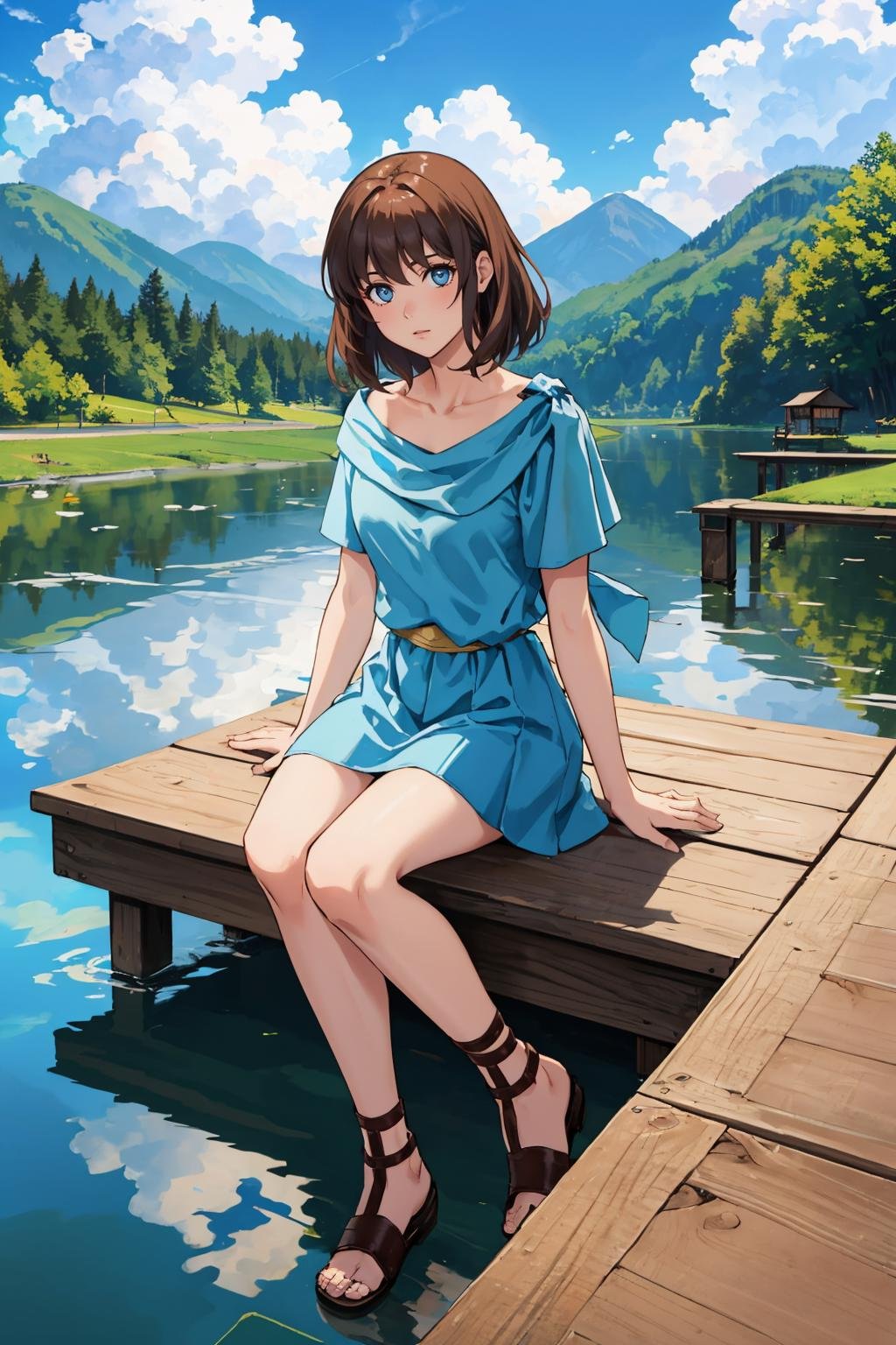 masterpiece, best quality, <lora:lilia-nvwls-v1-000009:0.9> lilia, blue dress, sandals, sitting, pond, docks, water, sky, clouds