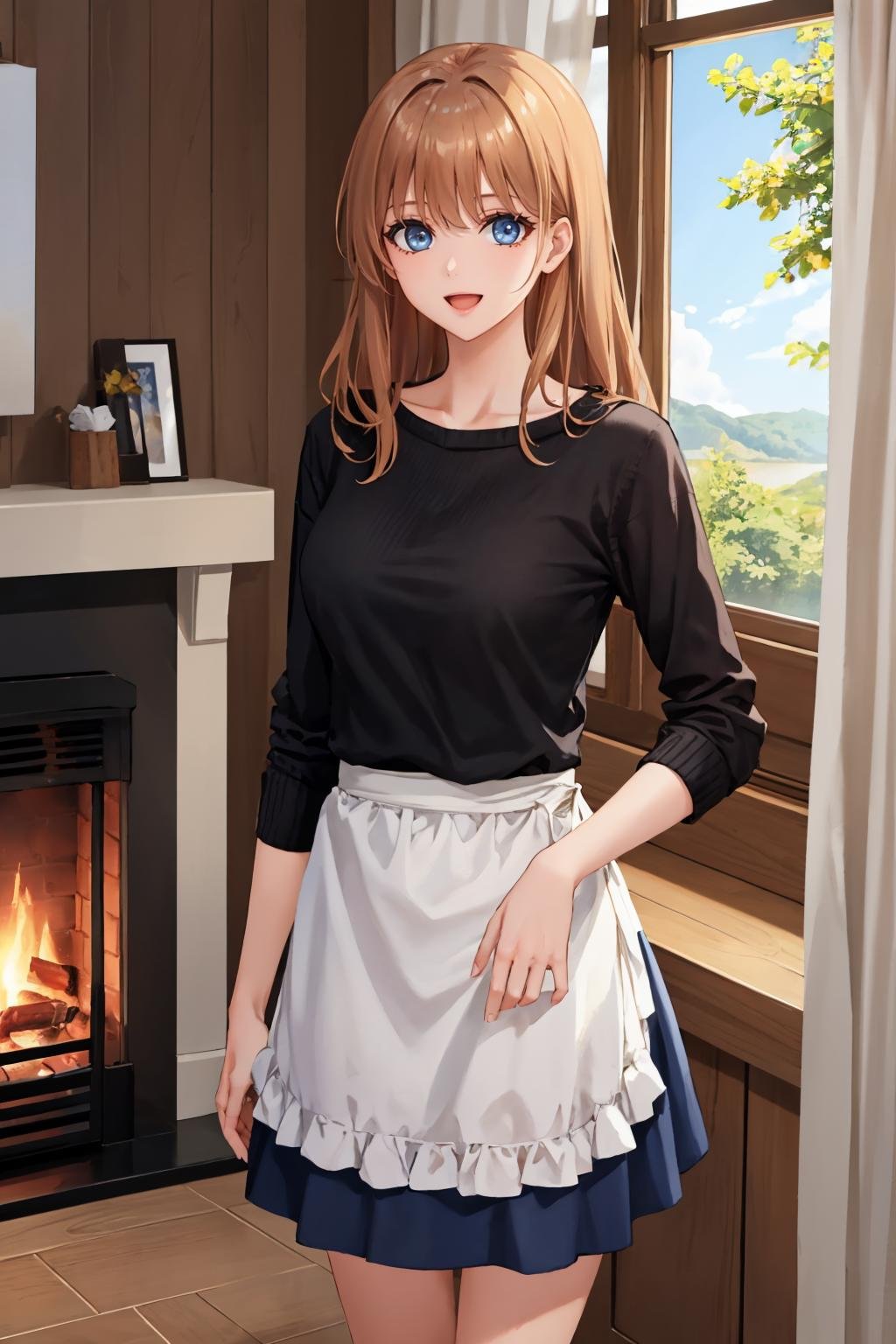 masterpiece, best quality, <lora:lilia-nvwls-v1-000009:0.8> lilia, blue eyes, black sweater, apron, skirt, indoors, fireplace, looking at viewer, :D, log cabin