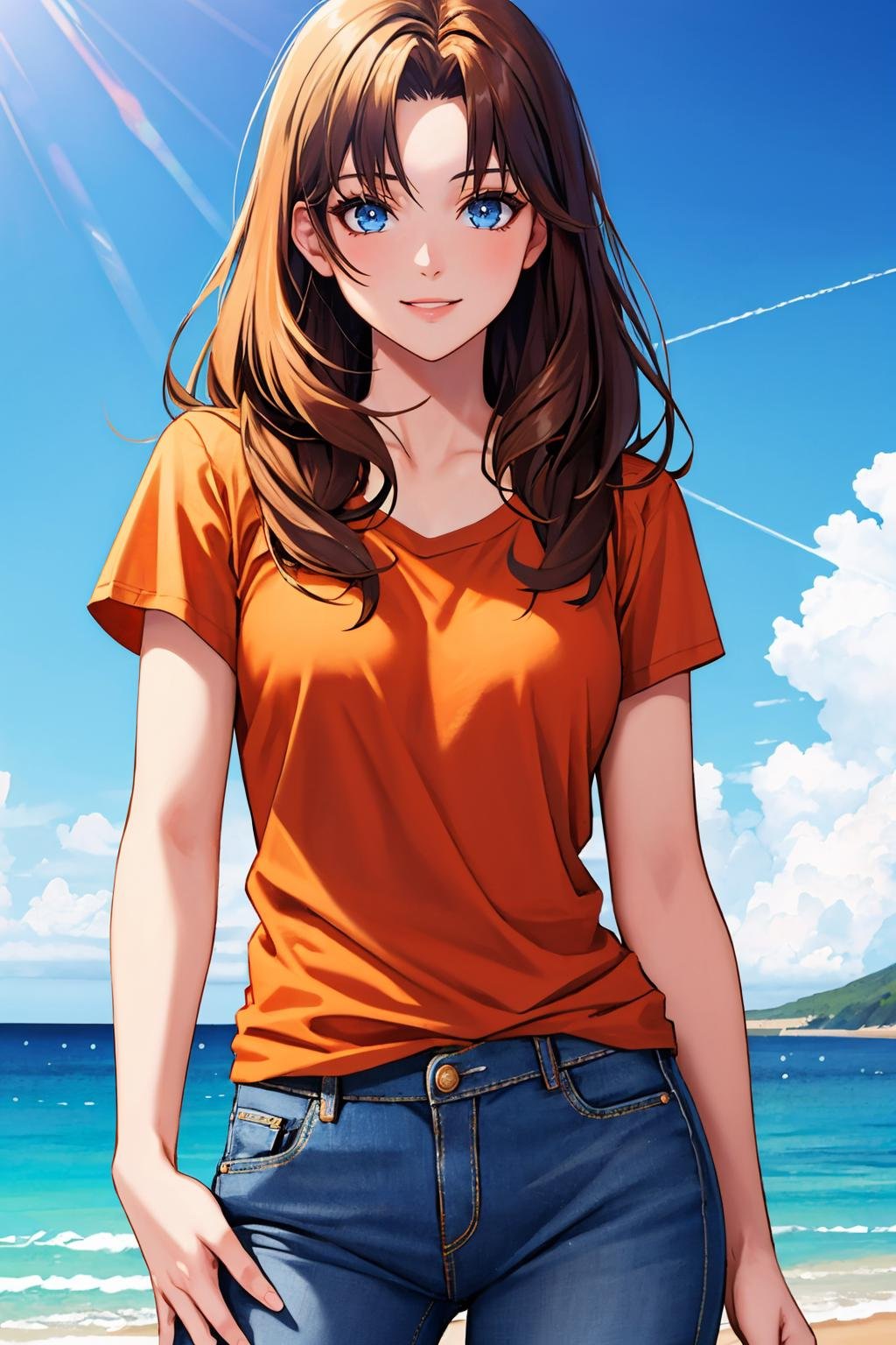 masterpiece, best quality, <lora:lilia-nvwls-v1-000009:0.8> lilia, blue eyes, orange t-shirt, jeans, looking at viewer, smile, cowboy shot, ocean