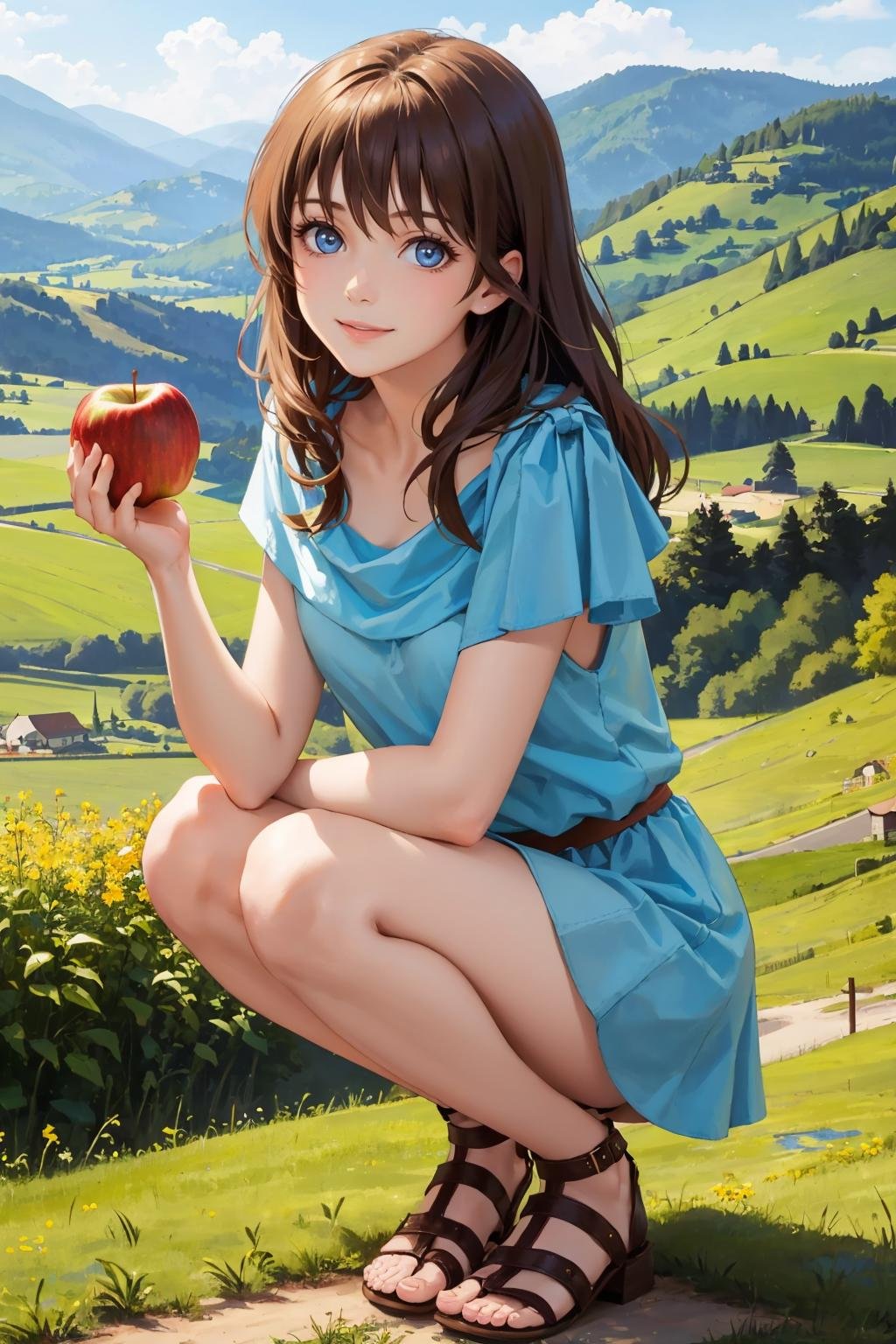 masterpiece, best quality, <lora:lilia-nvwls-v1-000009:0.9> lilia, blue dress, sandals, smile, holding apple, basket, hill, field, village, looking at viewer