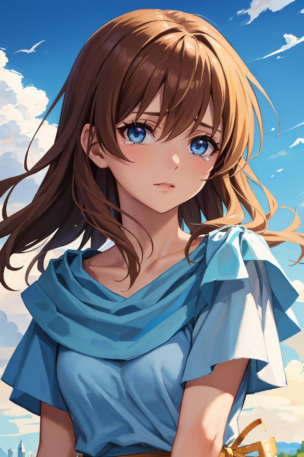 masterpiece, best quality, <lora:lilia-nvwls-v1-000009:0.9> lilia, blue dress, tears in eyes, upper body, portrait, looking at viewer, sky, clouds